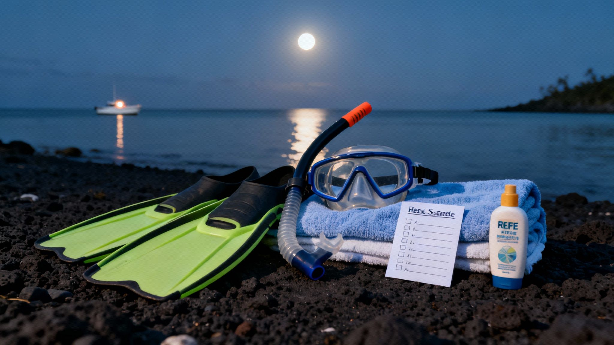 Snorkelers holding onto a light board at night, watching manta rays below