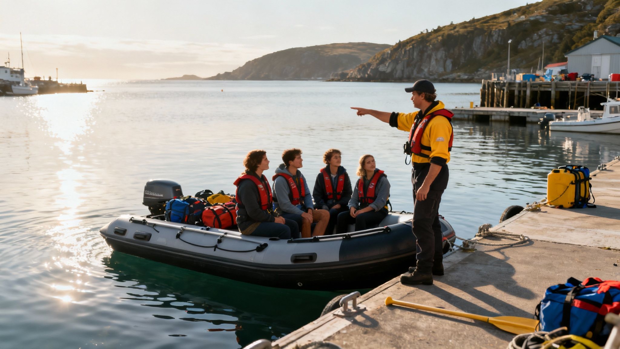 Snorkelers floating in clear blue water near the Captain Cook monument, with a tour boat in the background.