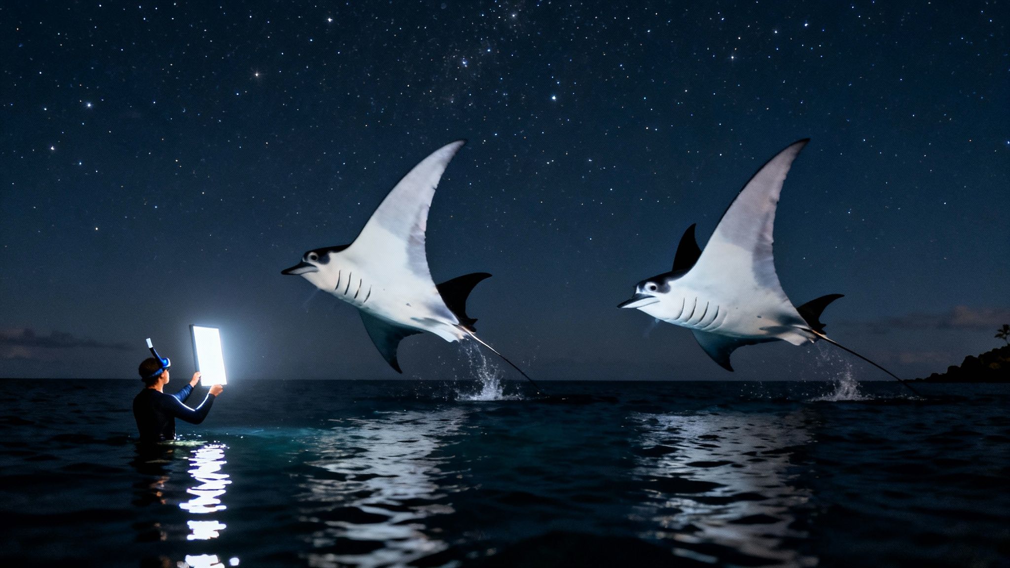 A person with a glowing light attracts two leaping manta rays under a star-filled night sky.