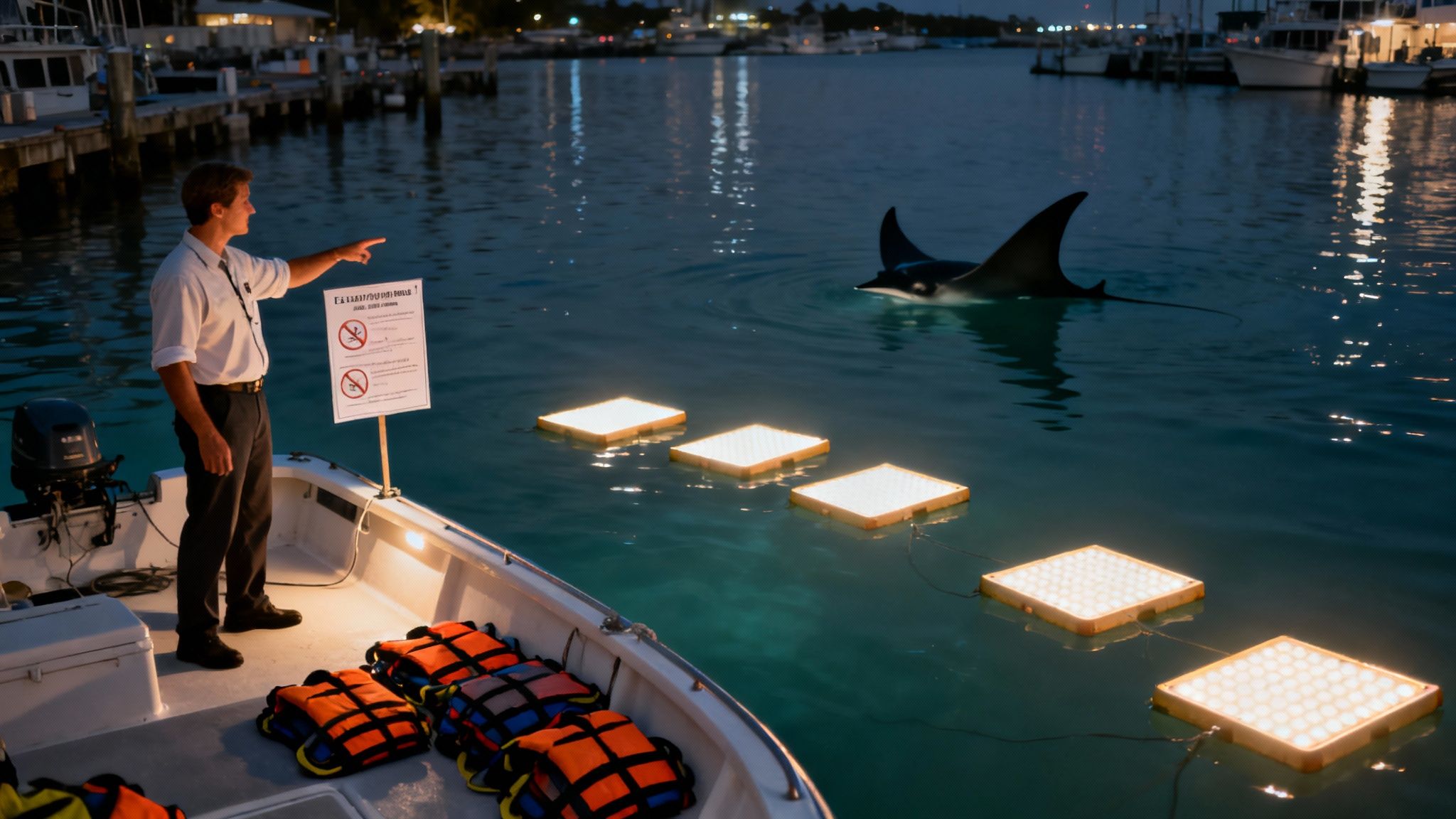 A group of snorkelers holding onto a light board, watching a manta ray swim below them at night
