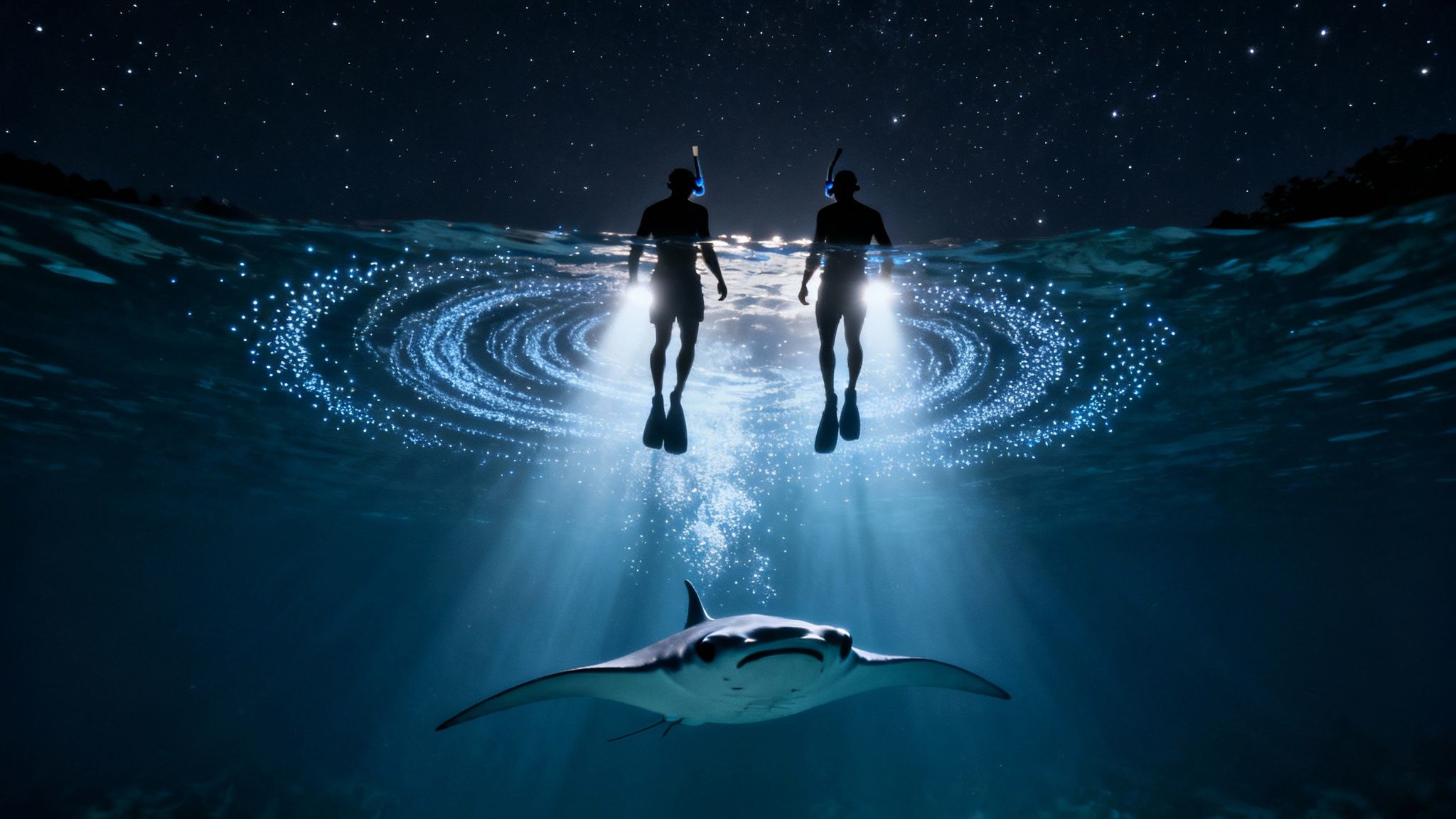 Nighttime snorkeling adventure with two individuals illuminating a manta ray beneath stars.