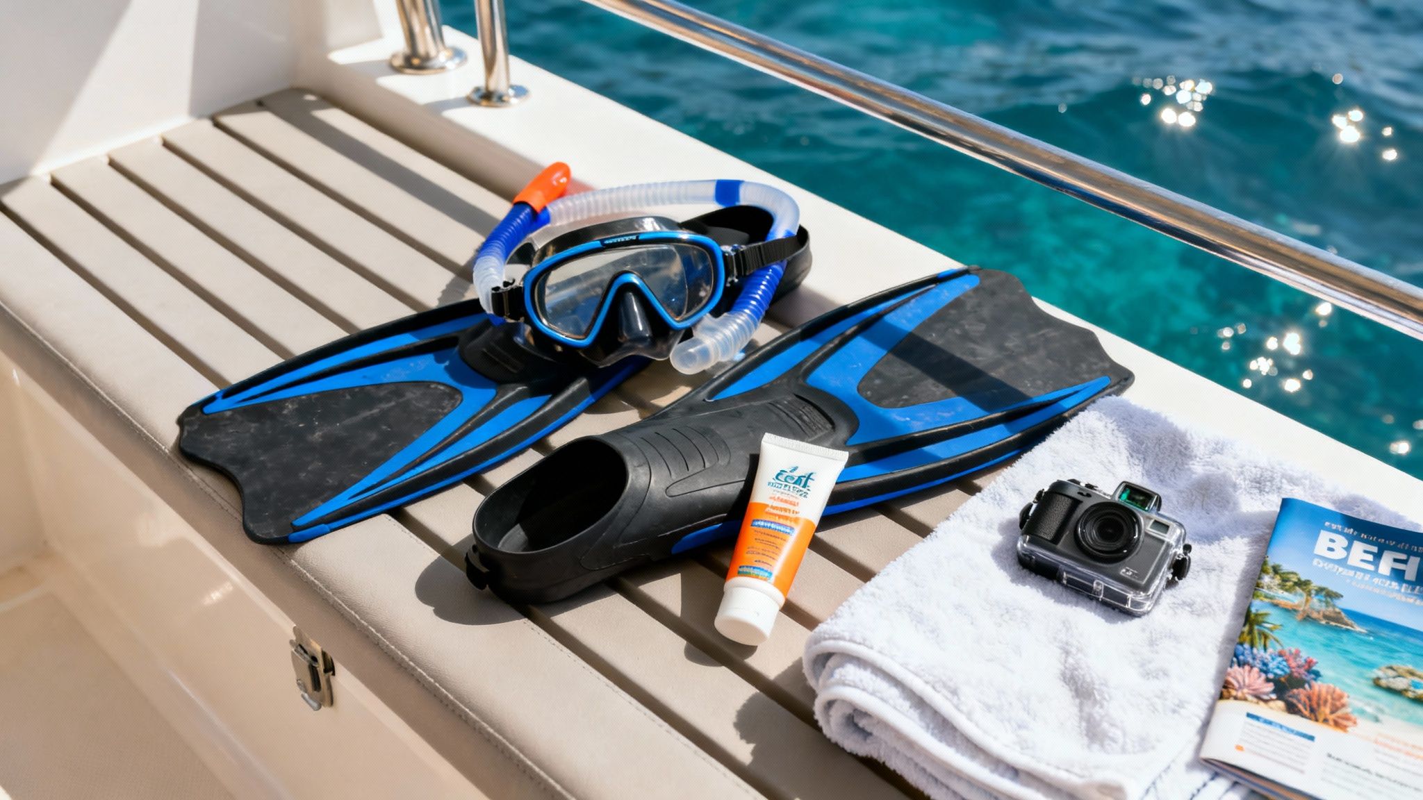 Snorkeling gear, sunscreen, a waterproof camera, and a magazine arranged on a boat deck by clear blue ocean.