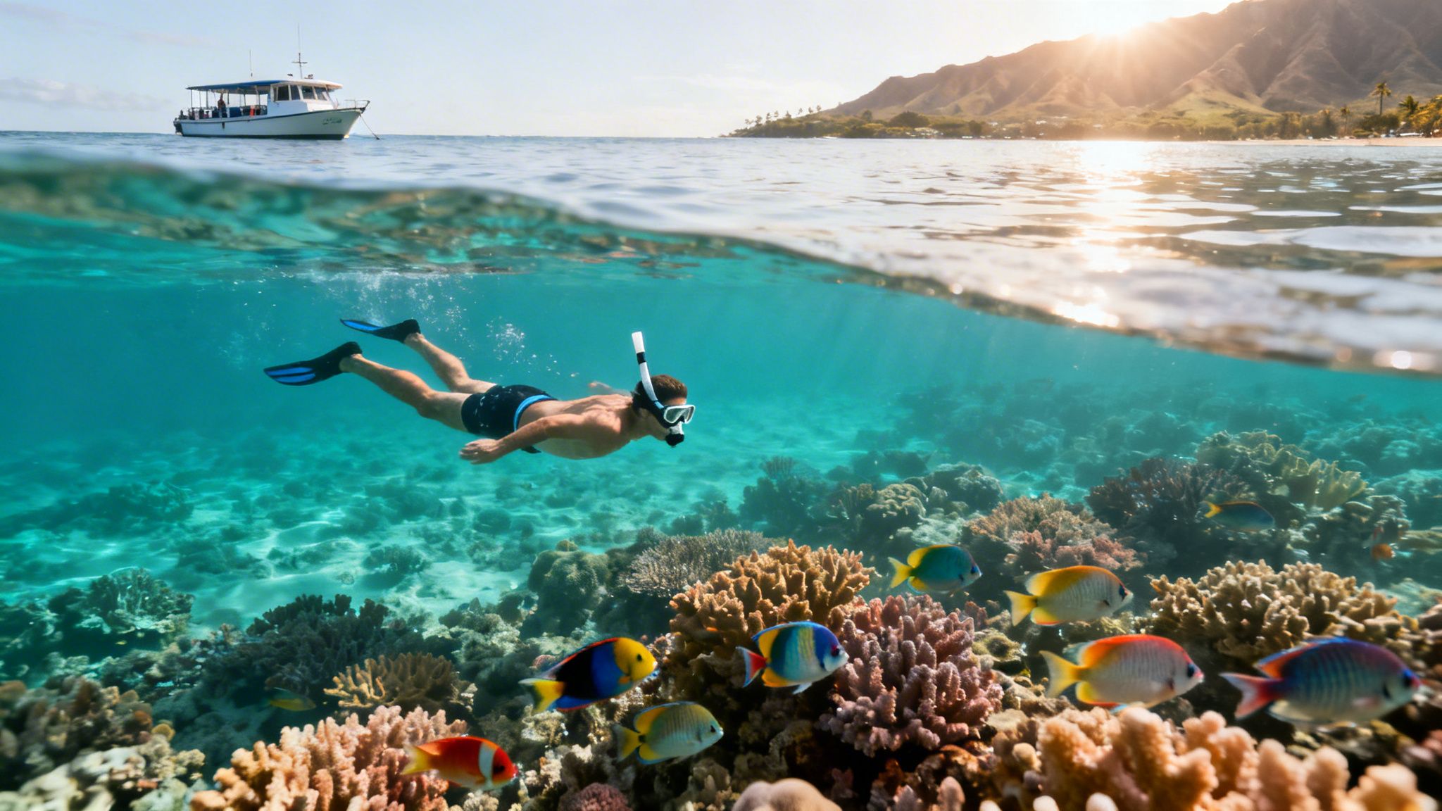 A person snorkeling over a vibrant coral reef with colorful fish, a boat, and sunlit mountains.
