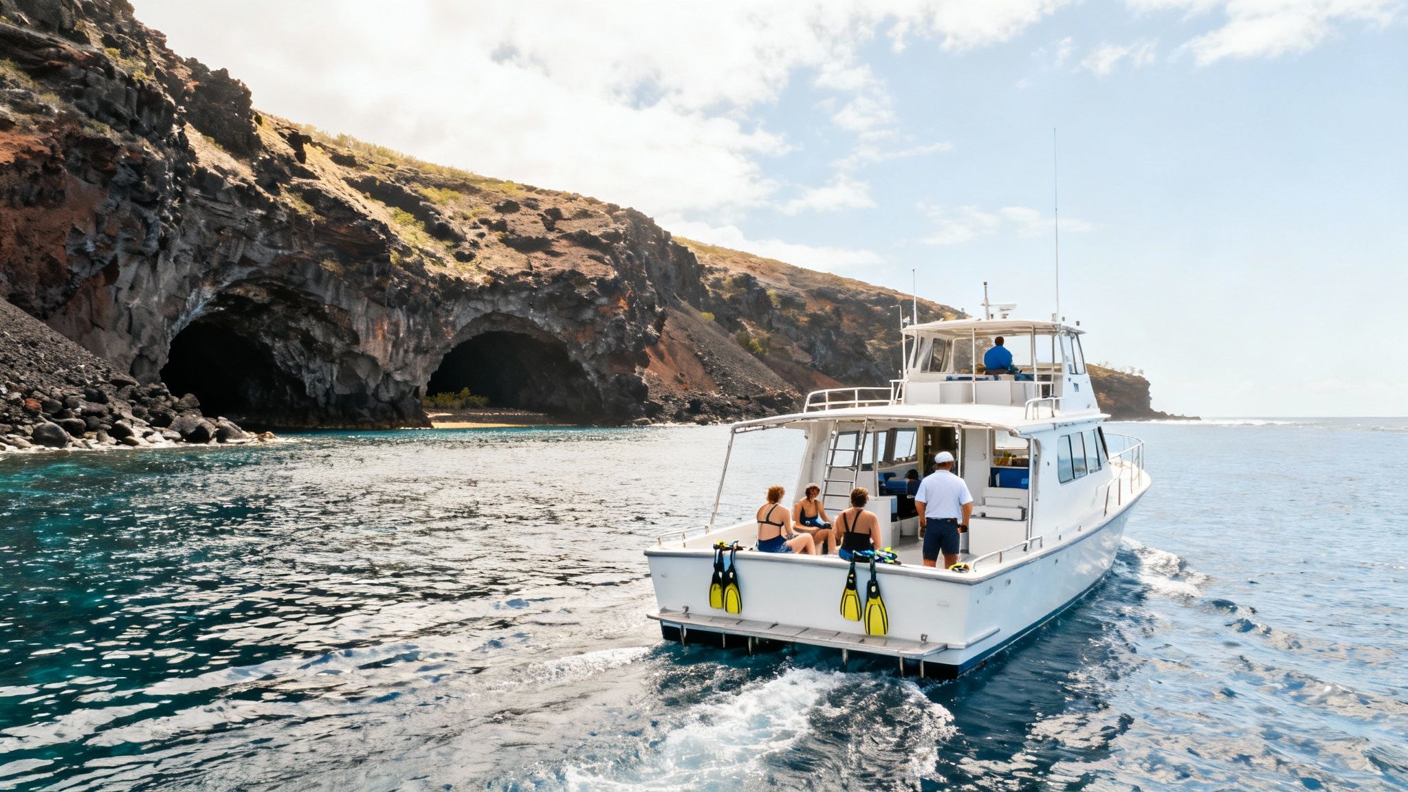 A boat carrying snorkelers cruises past a volcanic coastline with sea caves and blue water.