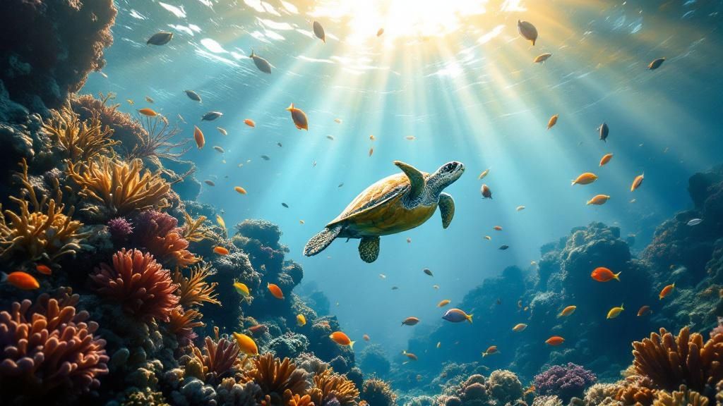 Two snorkelers looking at a school of yellow tang fish underwater in the clear blue water of Kealakekua Bay.