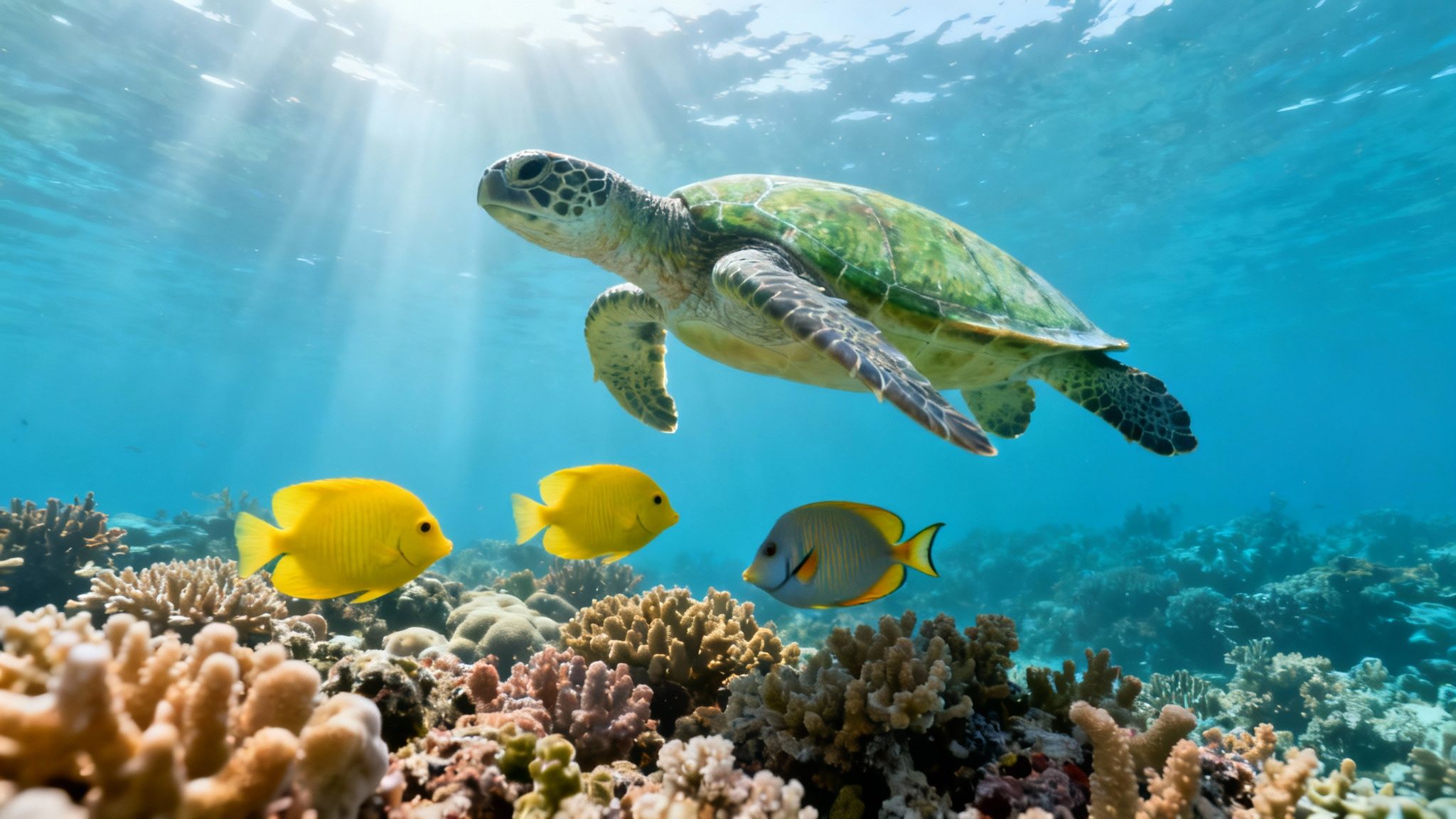 A green sea turtle swims above a colorful coral reef with tropical fish in clear blue ocean water.
