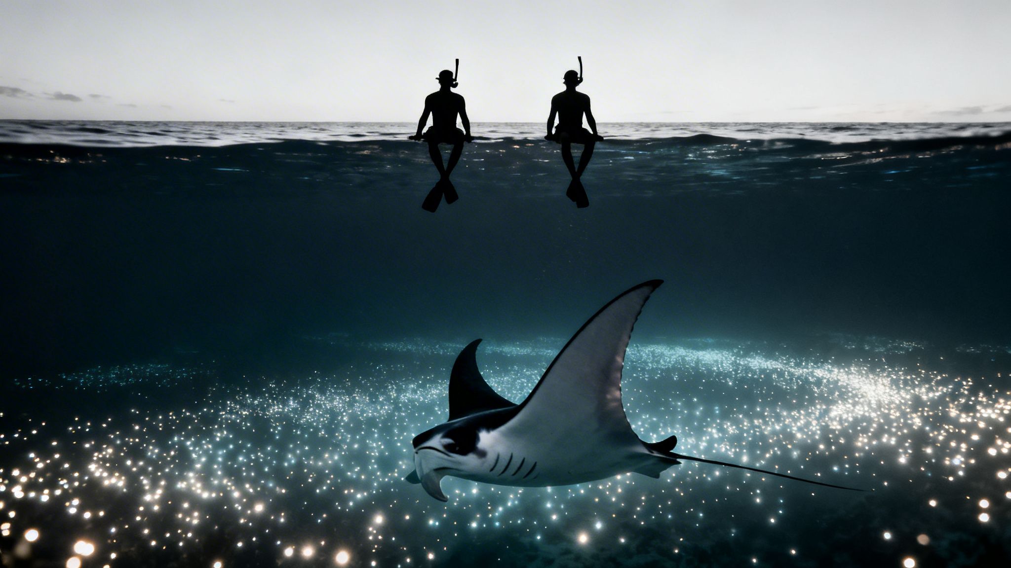 Silhouettes of two snorkelers above a majestic manta ray in a glowing ocean.