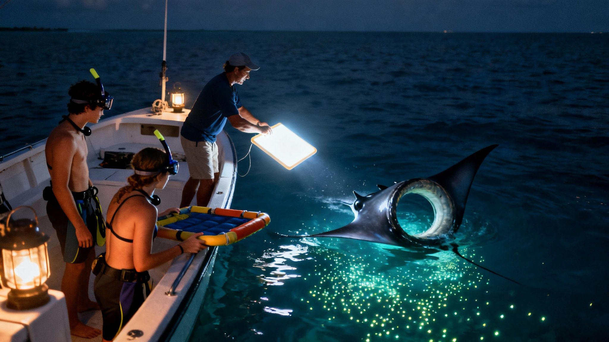 People on a boat at night illuminate water, watching a manta ray feed on plankton.