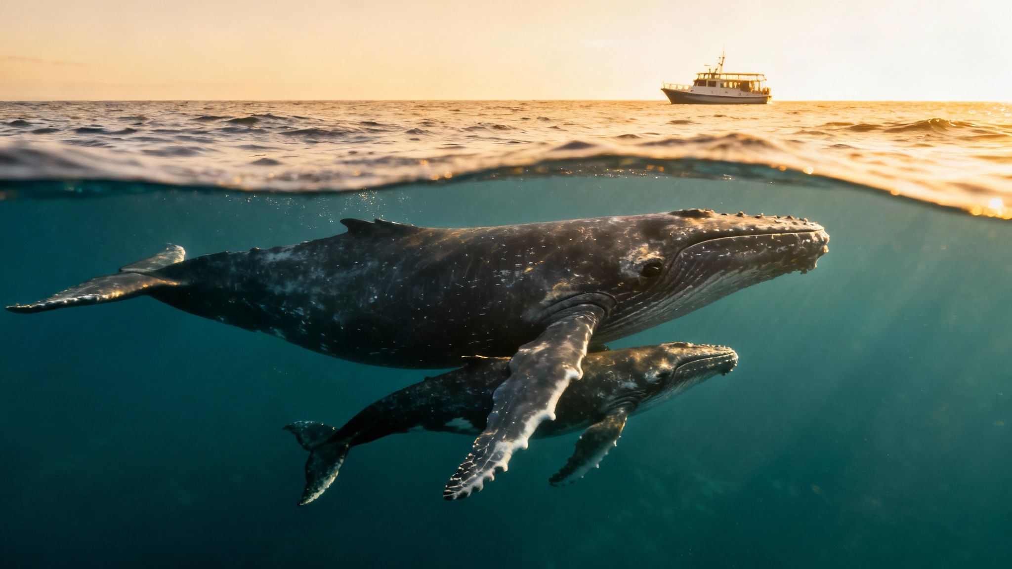 A large humpback whale and its calf swim underwater at sunset, with a boat on the ocean surface.