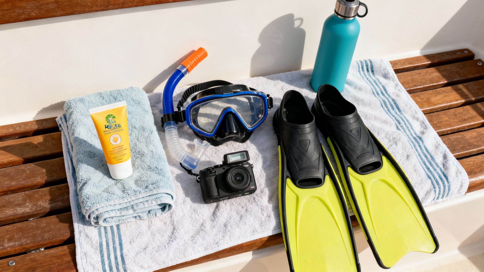 Essential snorkeling equipment, including mask, snorkel, fins, camera, sunscreen, and water bottle, on a boat.
