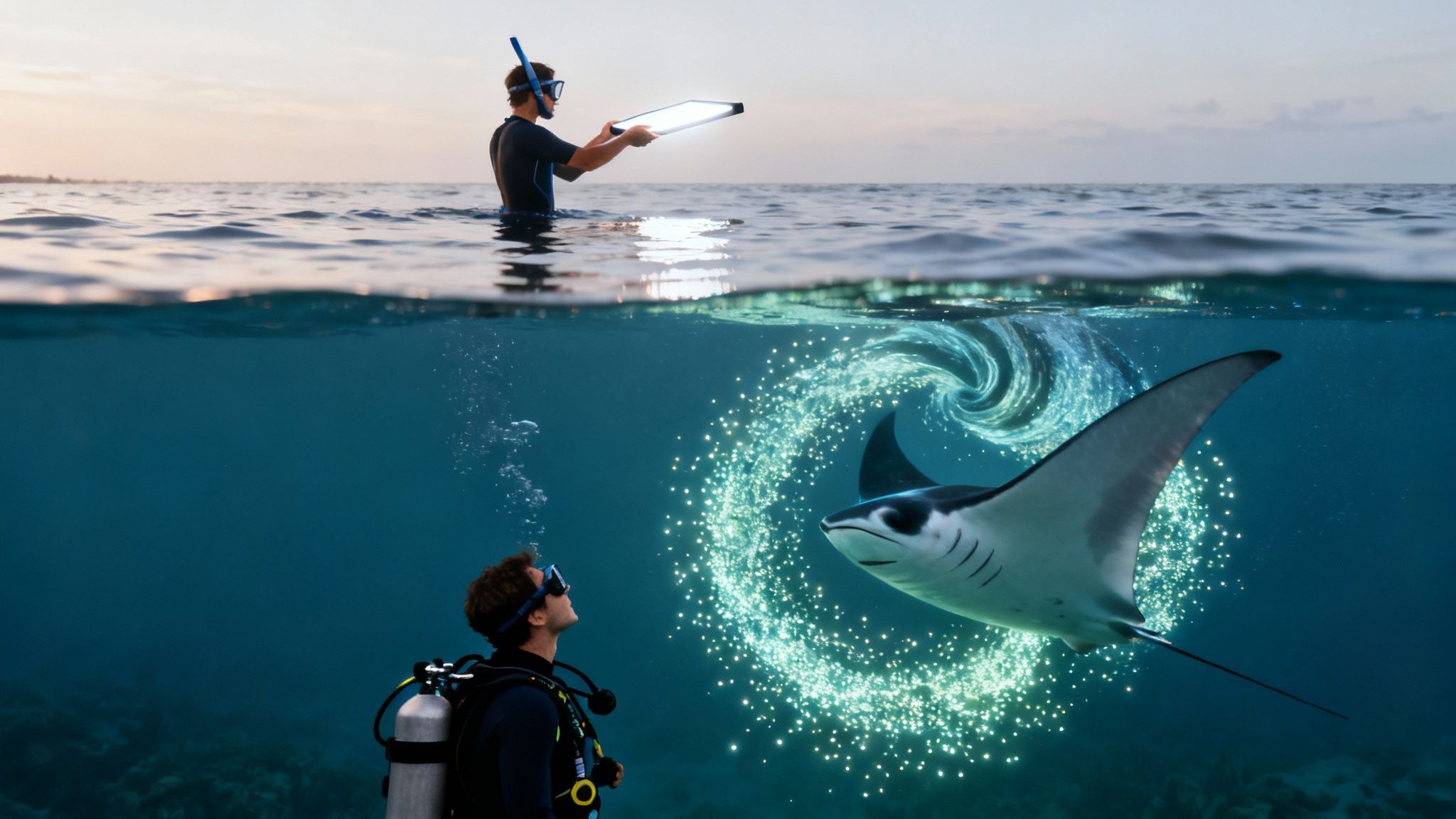 A diver and snorkeler observe a majestic manta ray surrounded by glowing particles in a split-level ocean view.