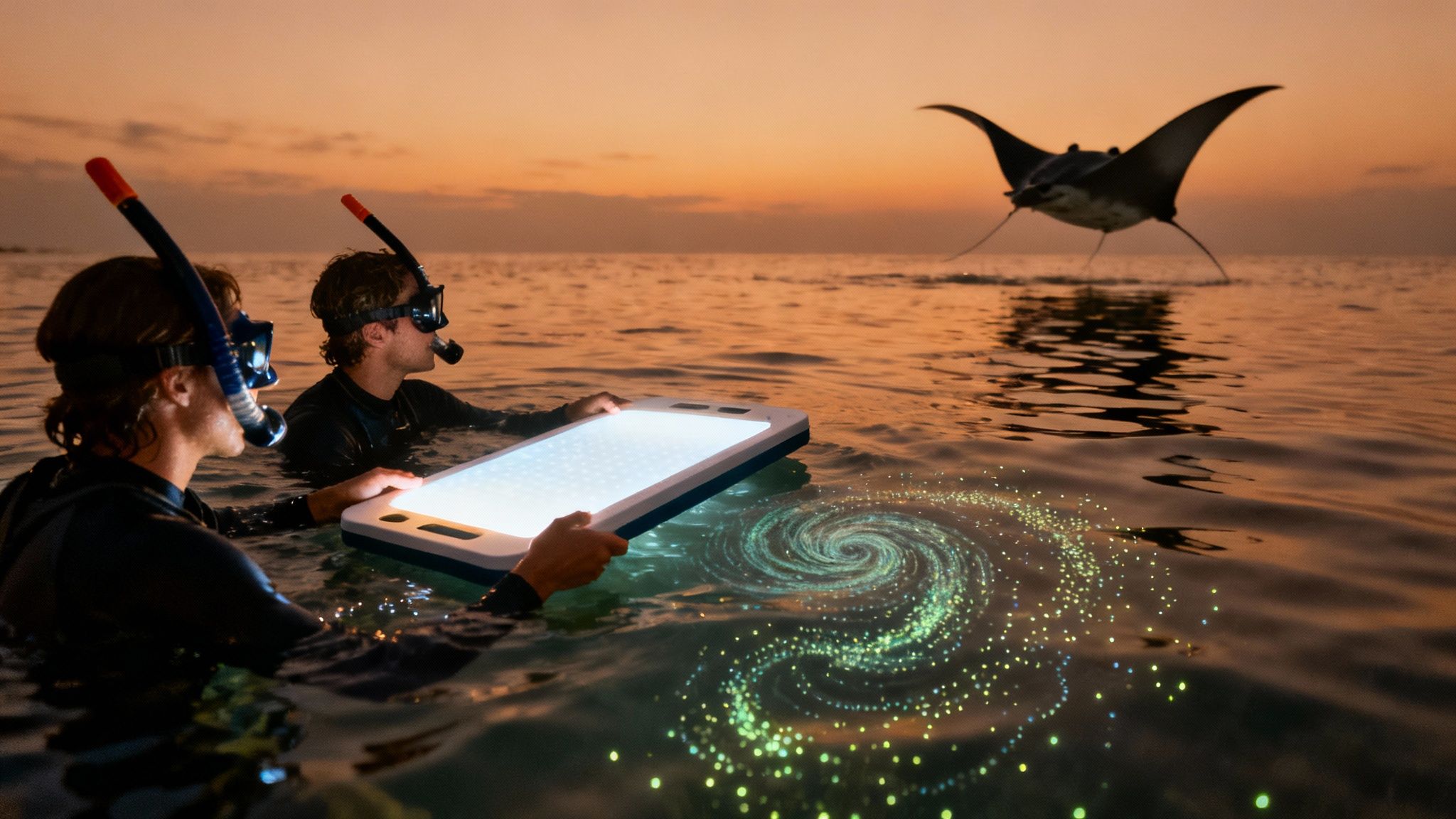 Two snorkelers watch a glowing manta ray leap from the ocean at sunset, surrounded by bioluminescent plankton.