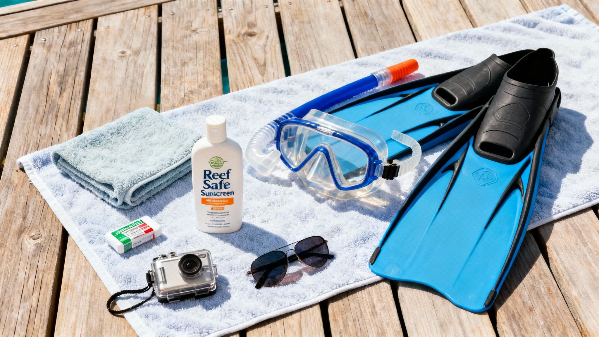 Snorkeling gear, reef-safe sunscreen, sunglasses, and an action camera on a towel on a wooden deck.