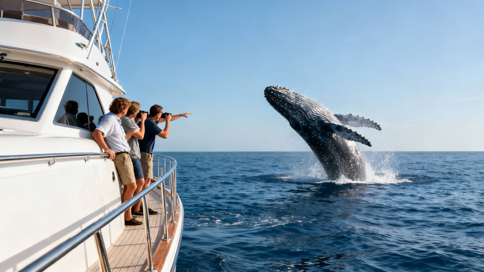 People on a boat watch a majestic humpback whale breaching out of the blue ocean.