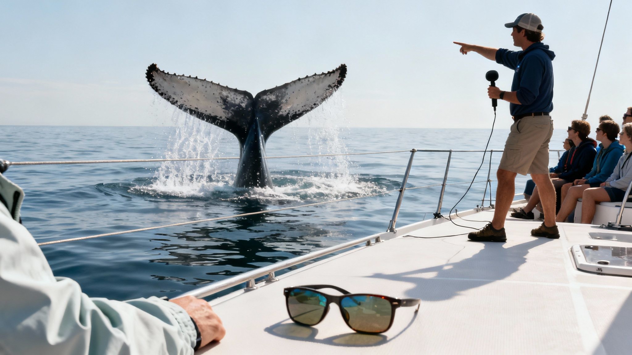 Humpback whale's tail breaches water near a whale watching boat with a guide and excited tourists.