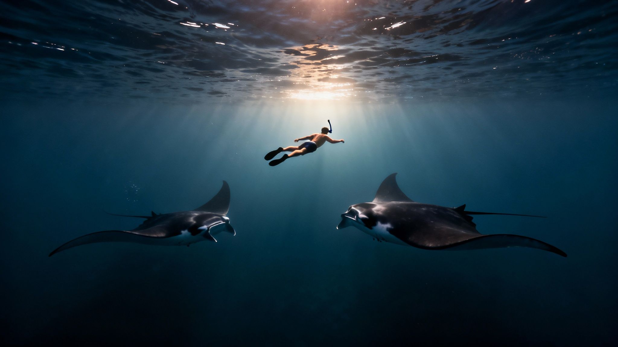 A snorkeler swims gracefully between two large manta rays in clear ocean waters, with sunlight filtering from above.