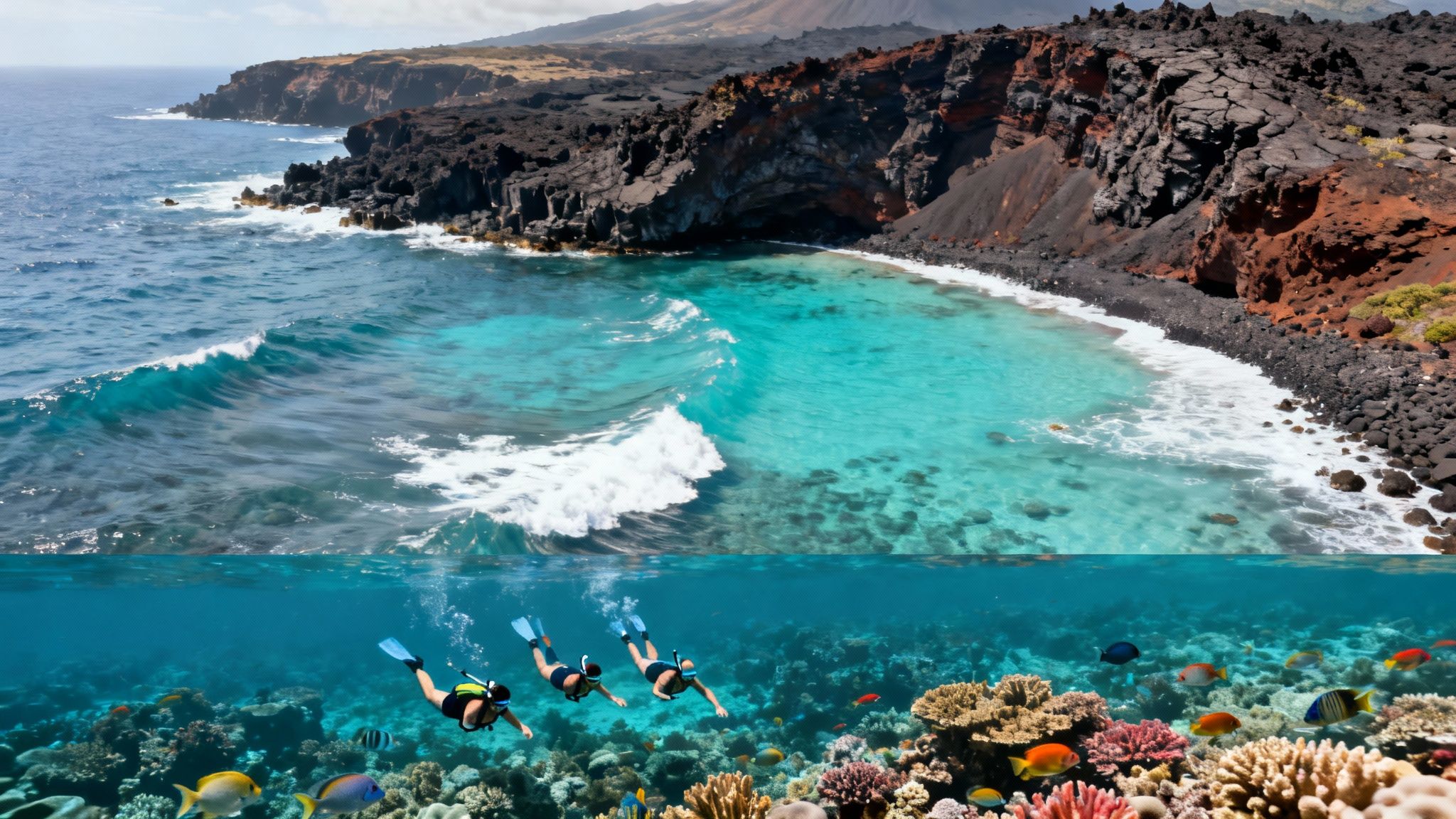 Above and below water view of snorkelers, colorful coral reef, fish, and a volcanic Hawaiian coastline.