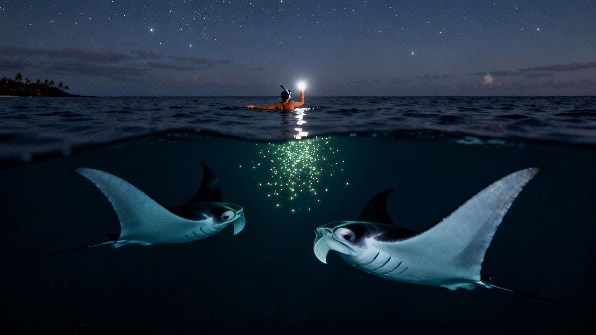 Person snorkeling at night, illuminating two manta rays in a starry ocean.