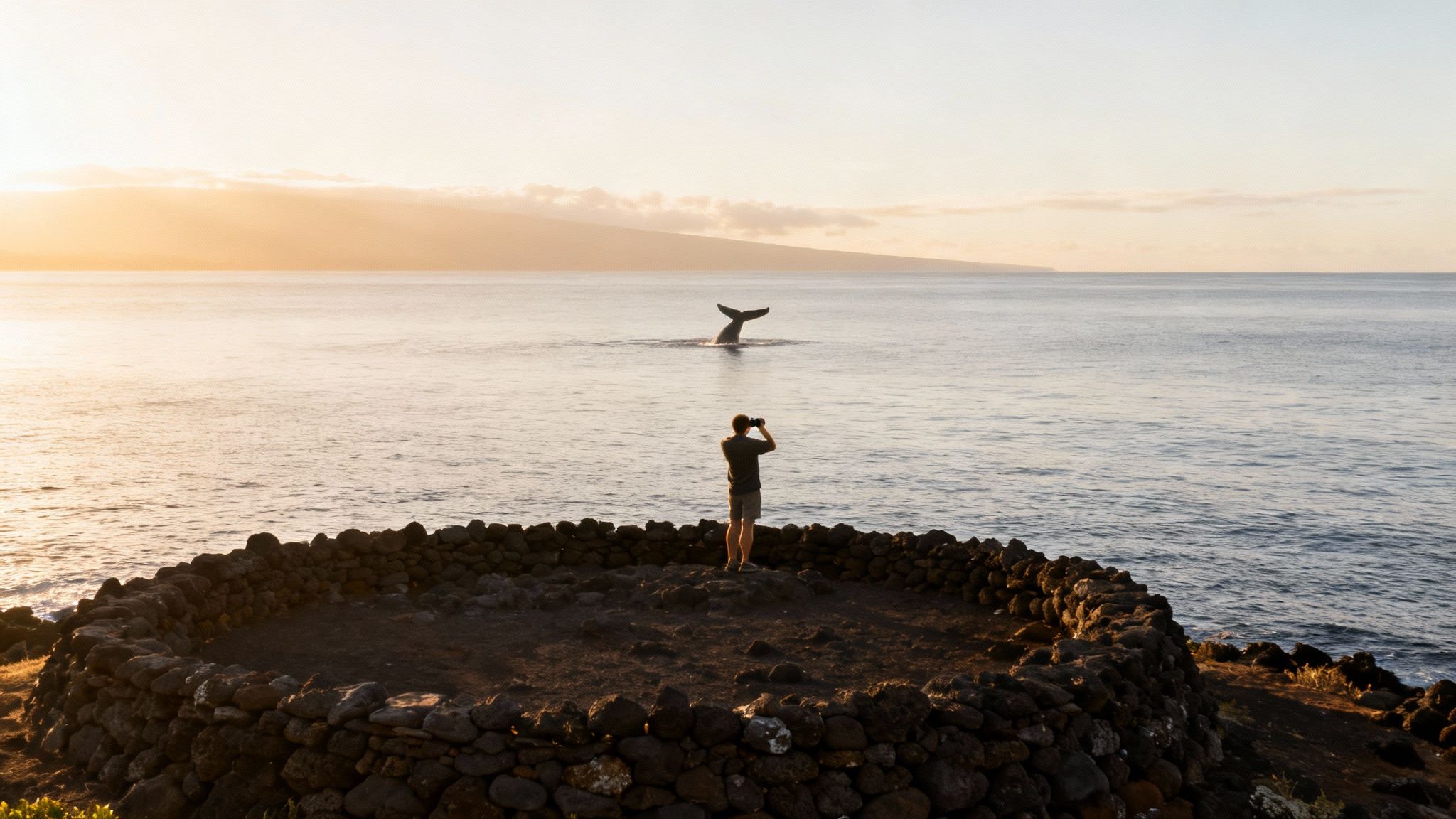 A humpback whale's tail fluke emerges from the water against the backdrop of the Big Island's coastline.