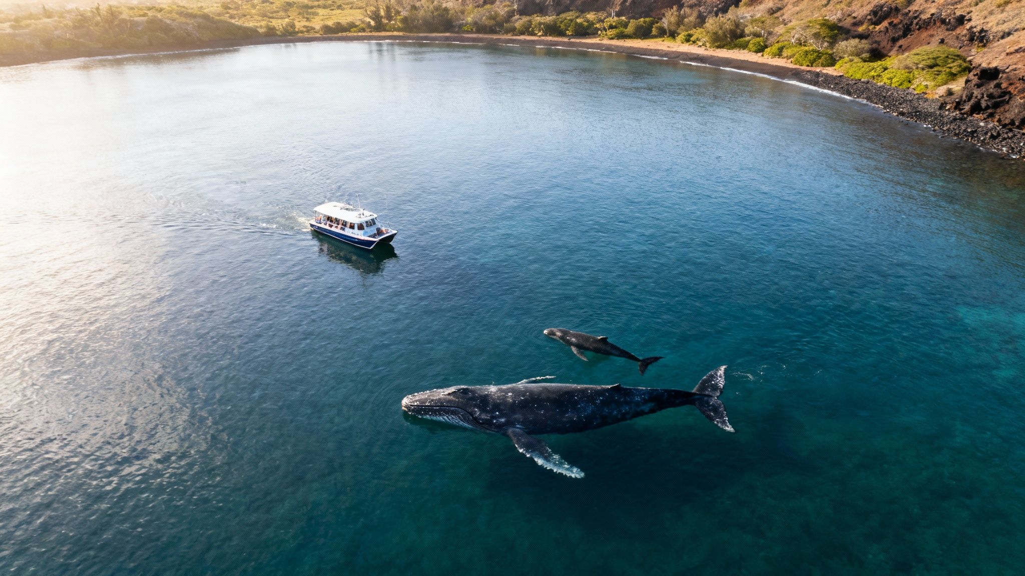 Aerial view of a mother humpback whale and calf swimming in ocean near a tour boat.