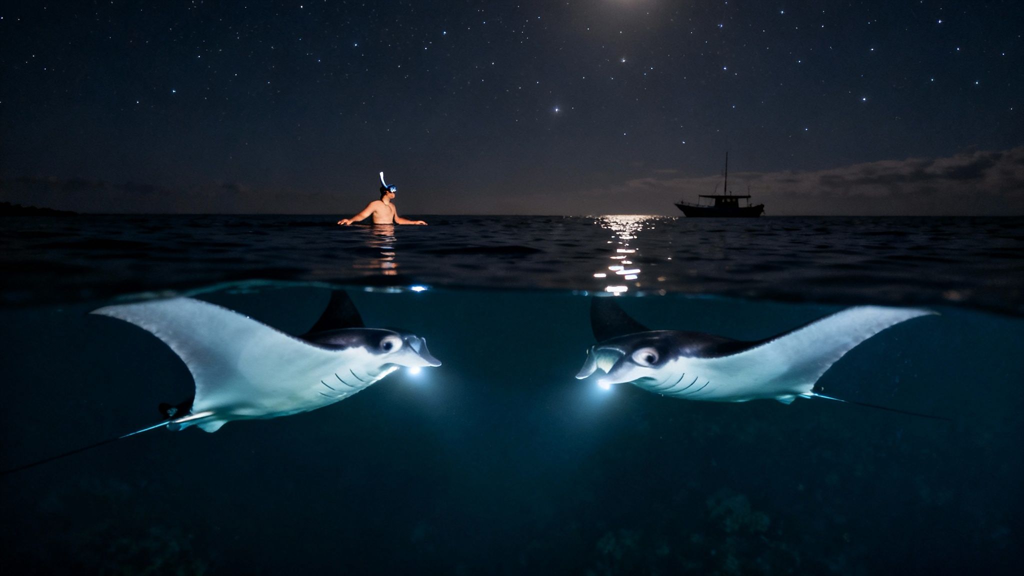 A person snorkeling at night with two manta rays beneath a starry sky.