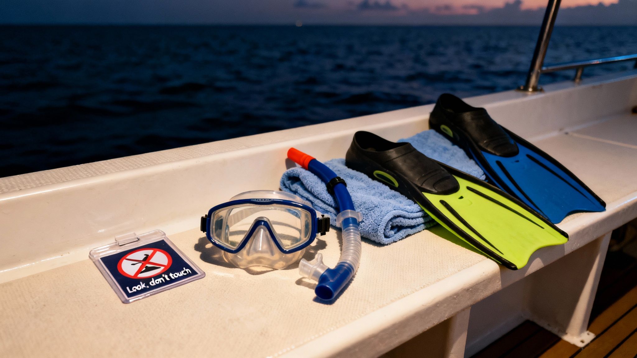 Snorkeling gear, including masks, snorkels, and fins, rests on a boat's edge at sunset, ready for ocean exploration.