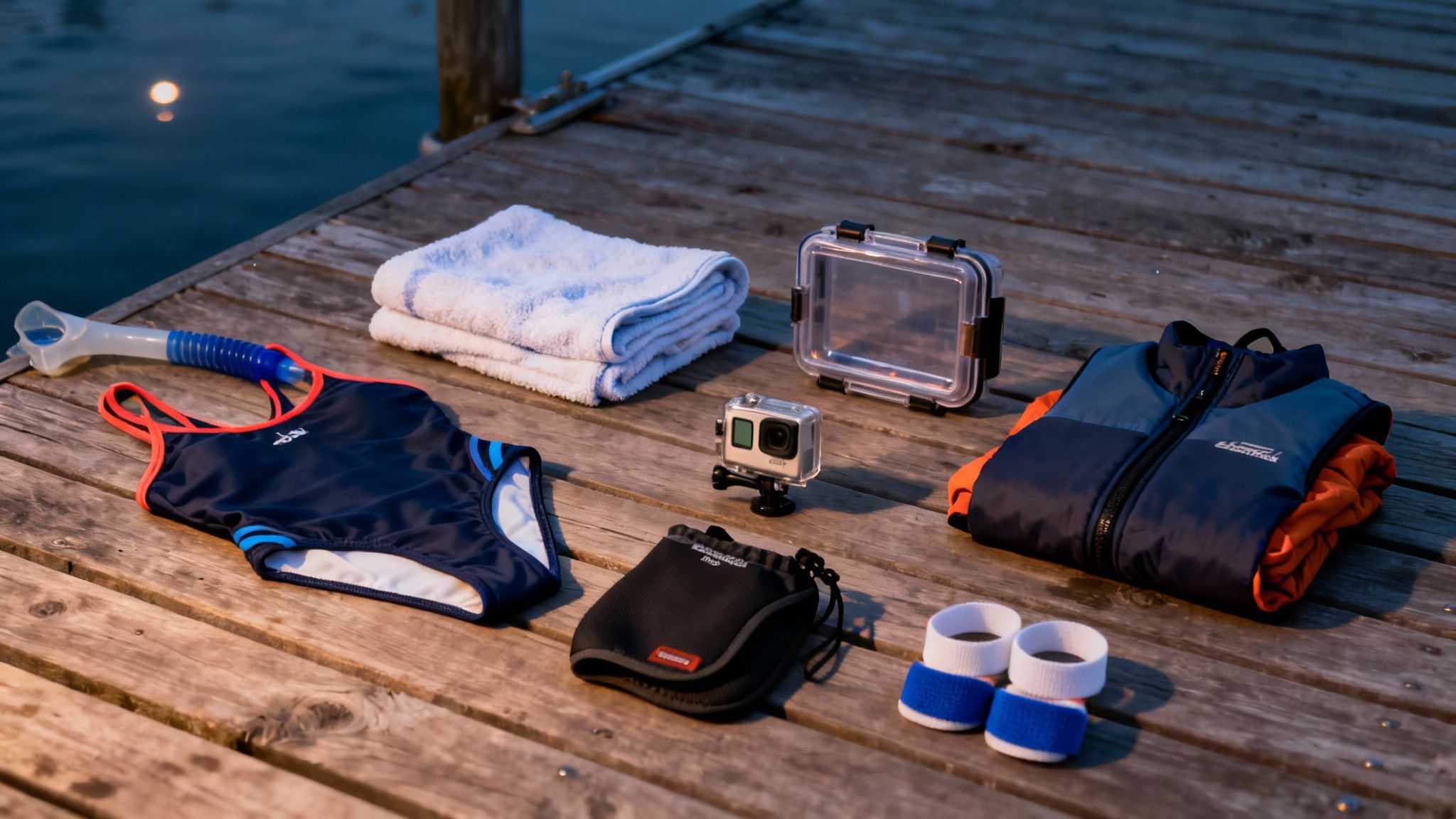 Snorkel gear, swimsuit, camera, and accessories laid out on a wooden dock by the water.