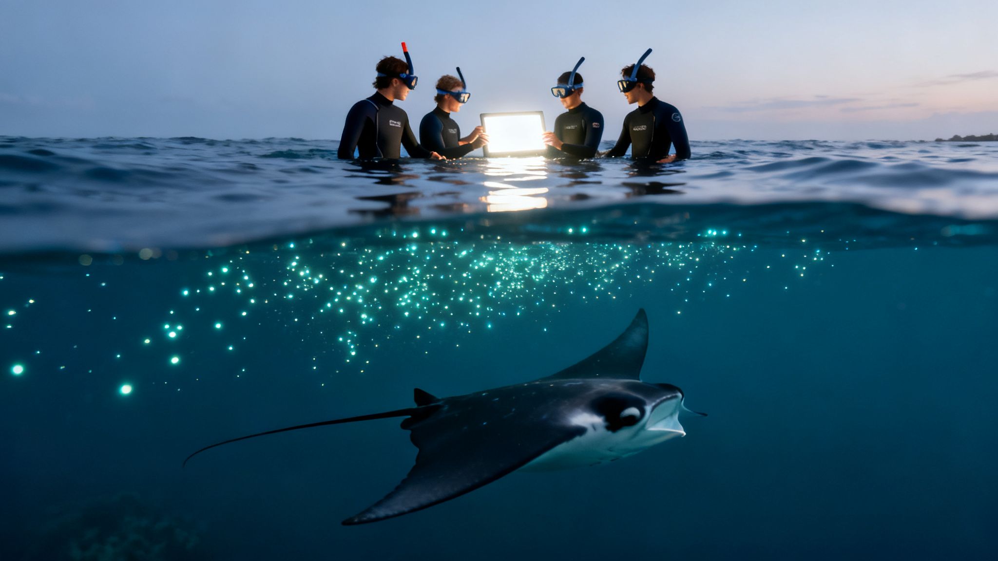 Four people with snorkels illuminate a manta ray swimming in bioluminescent water at dusk.
