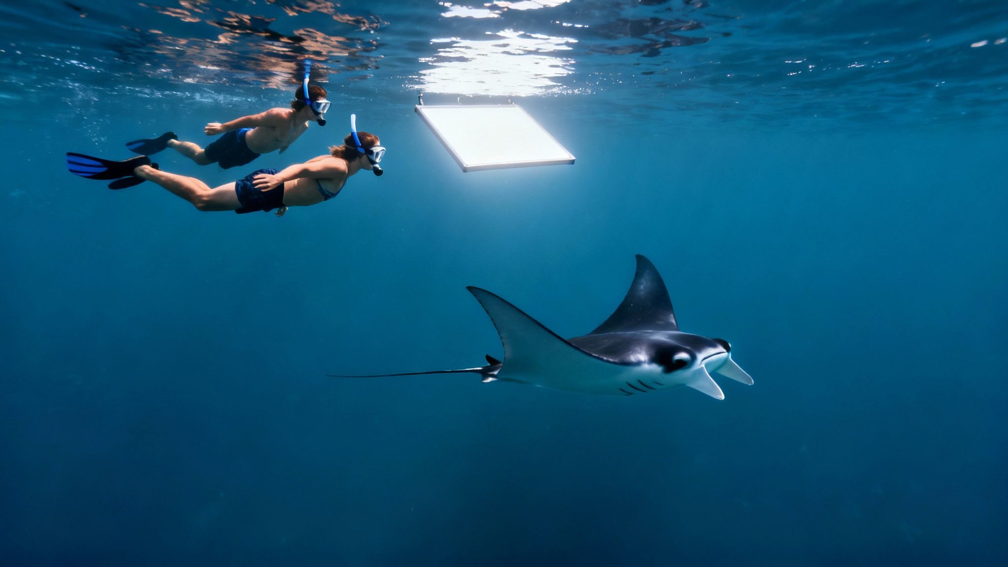Two snorkelers observe a majestic manta ray swimming gracefully beneath an underwater light.