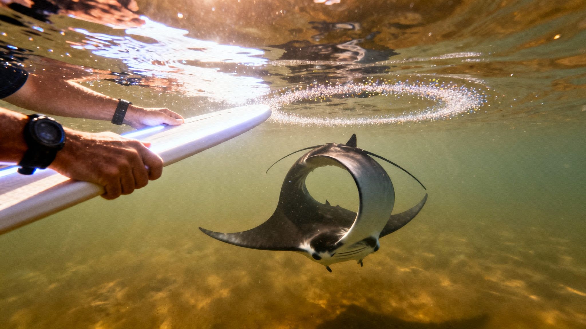 Underwater shot of a person holding a surfboard next to a swimming manta ray and bubble ring.