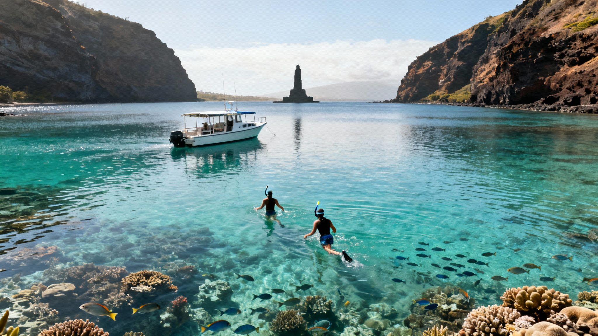 Two people snorkel in clear blue water over a vibrant coral reef, with a boat and distant monument.