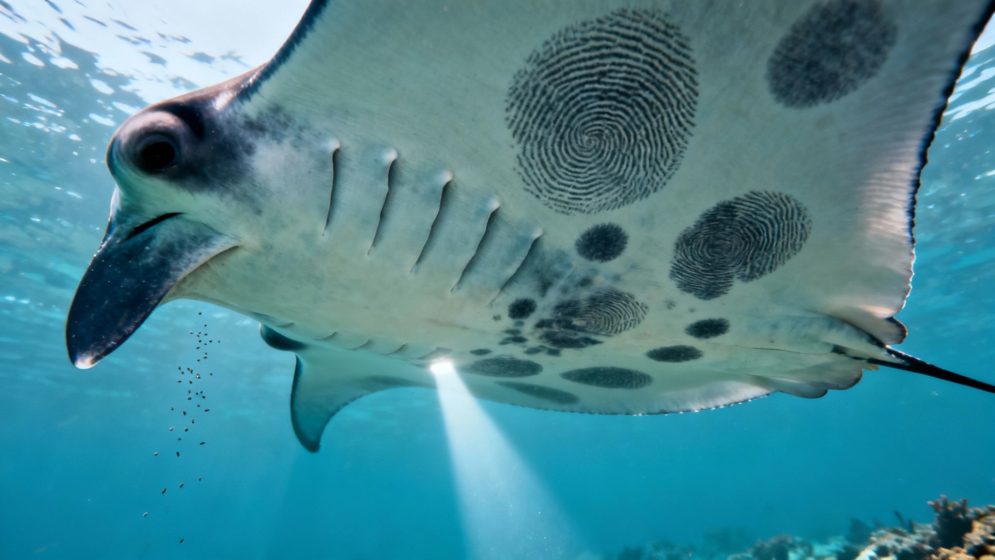 Close-up of a manta ray feeding at night