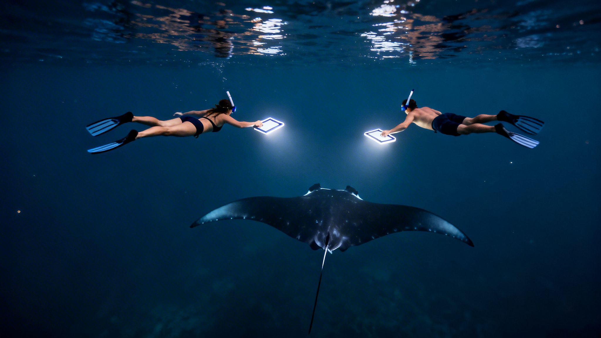 Two snorkelers illuminate a majestic manta ray with glowing panels during a night dive.