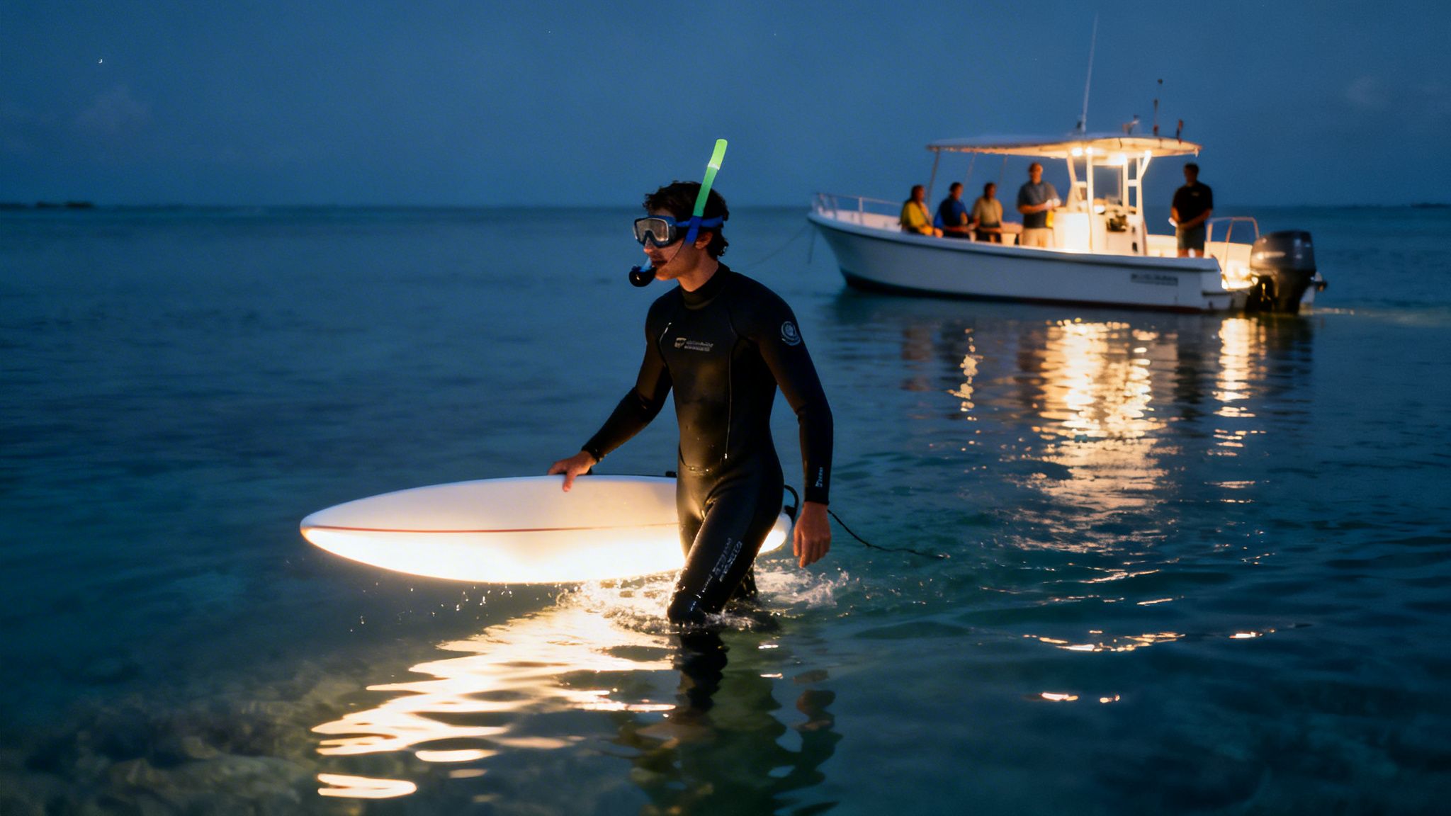 Man in wetsuit and snorkel gear, holding a glowing surfboard in the ocean at night, with a boat in the background.