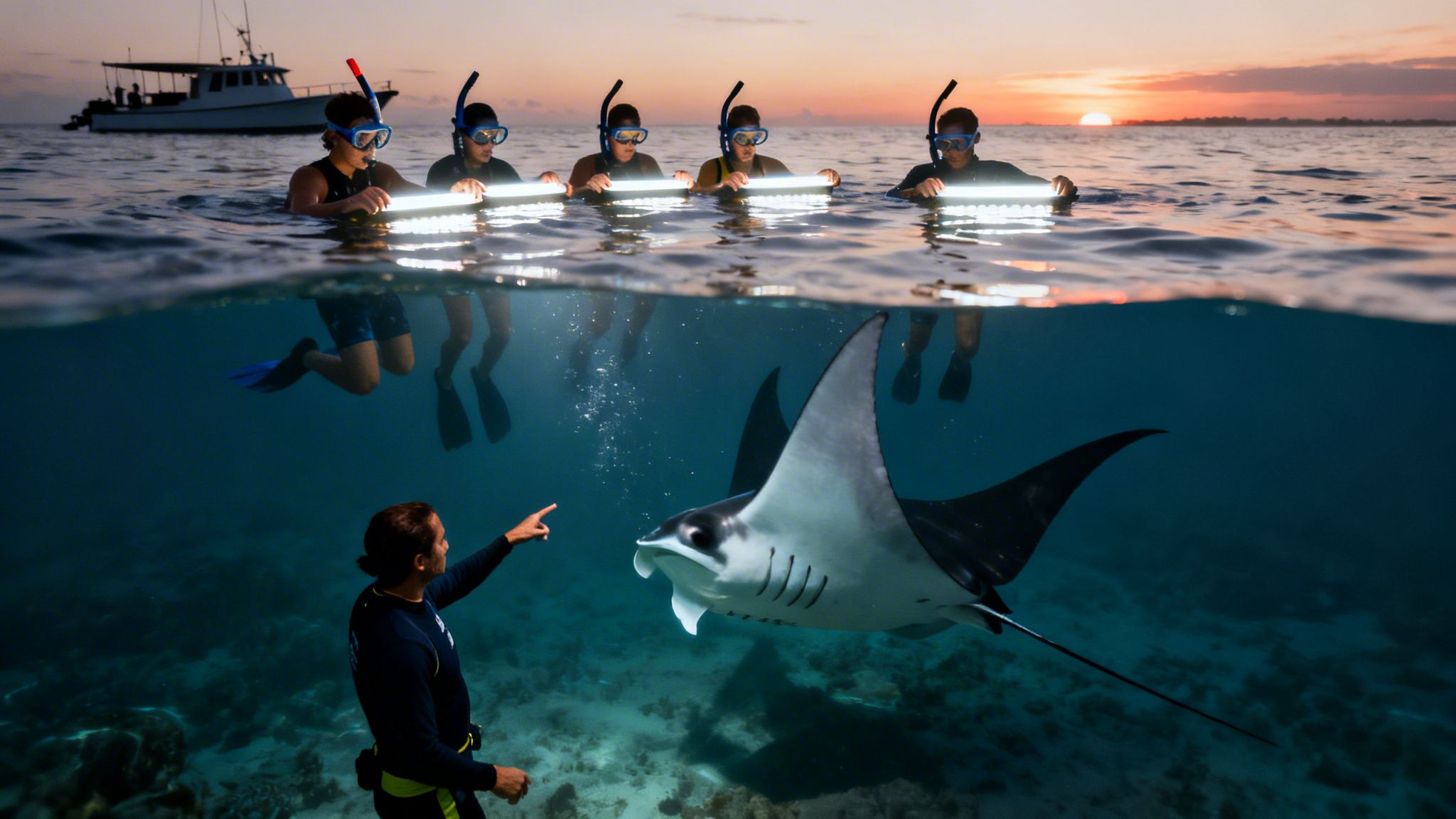 Sunset snorkelers above water hold lights, while a guide points to a manta ray below.