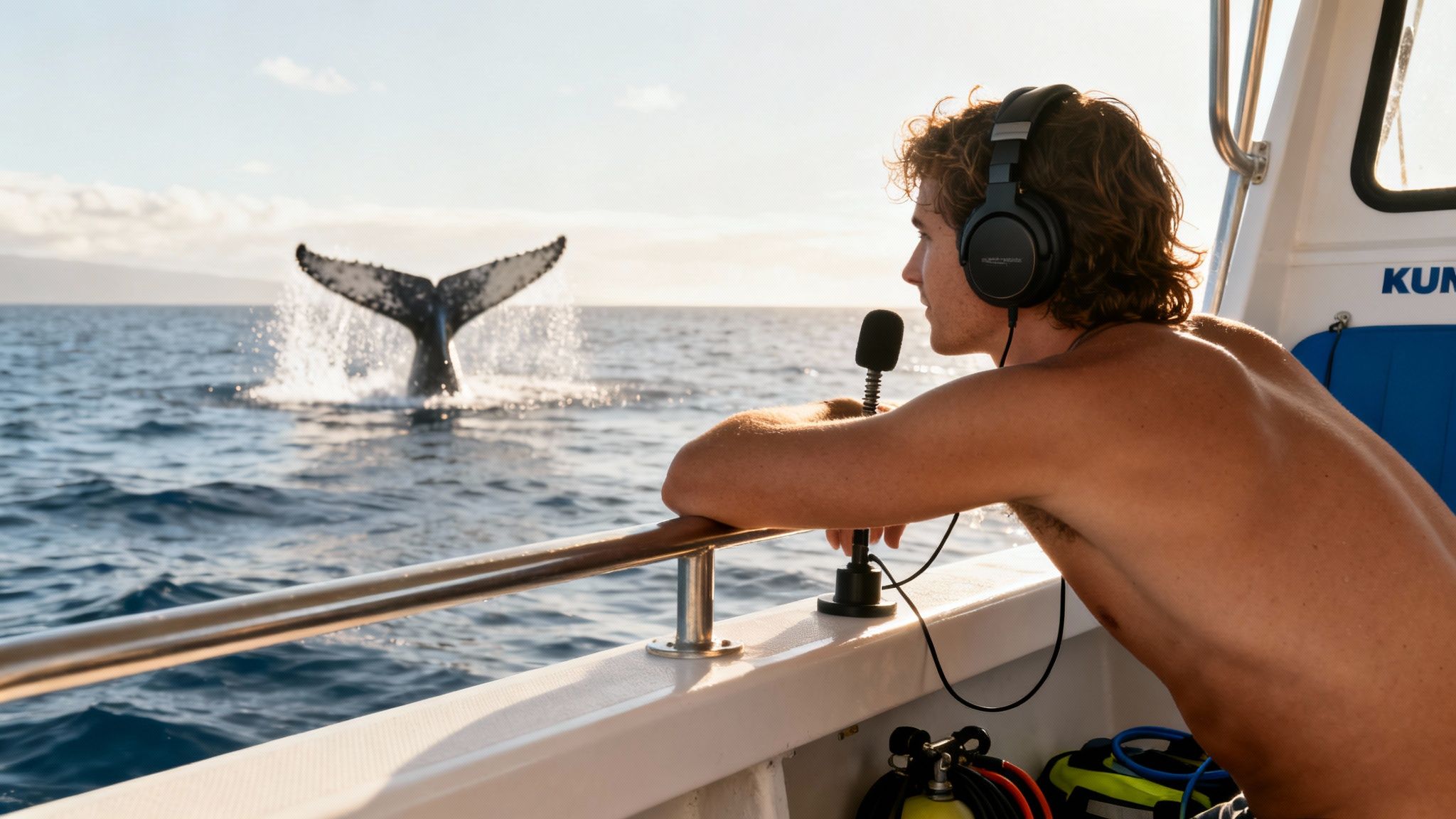 A man on a boat wearing headphones and using a microphone, observing a whale's tail splashing.