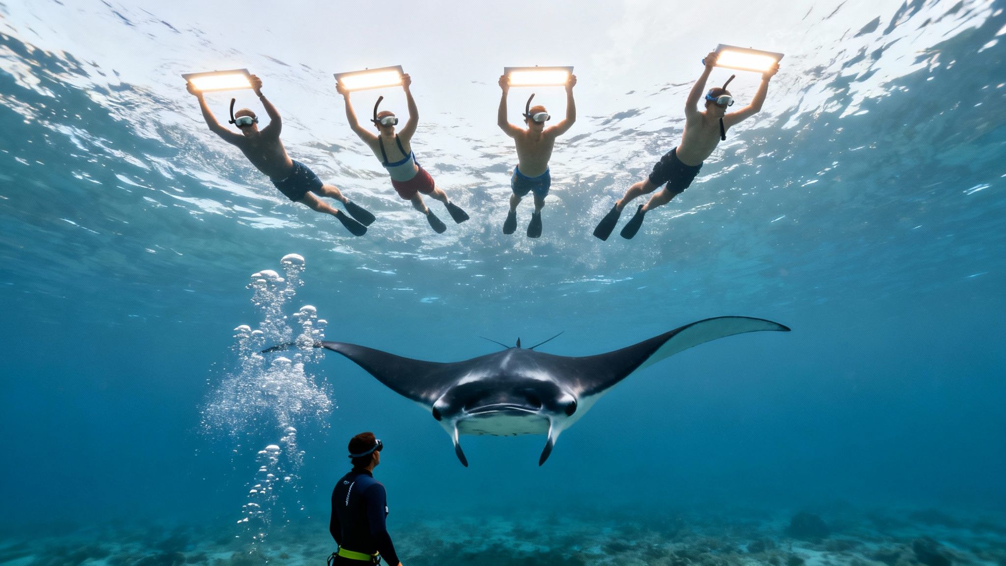 People snorkeling with lights illuminate a majestic manta ray underwater, observed by a diver.