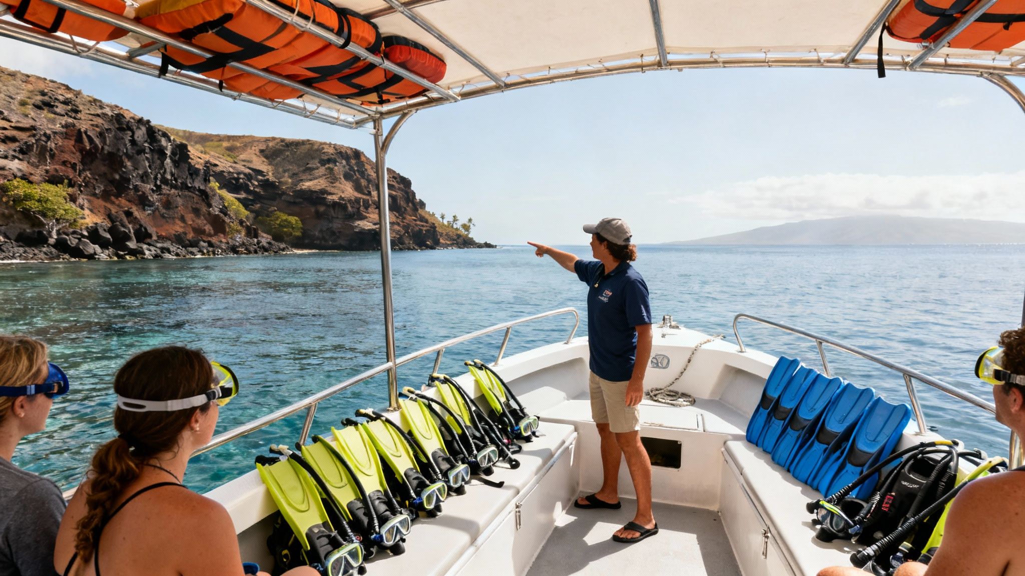 A tour guide on a boat points towards a rocky island during a snorkel tour.