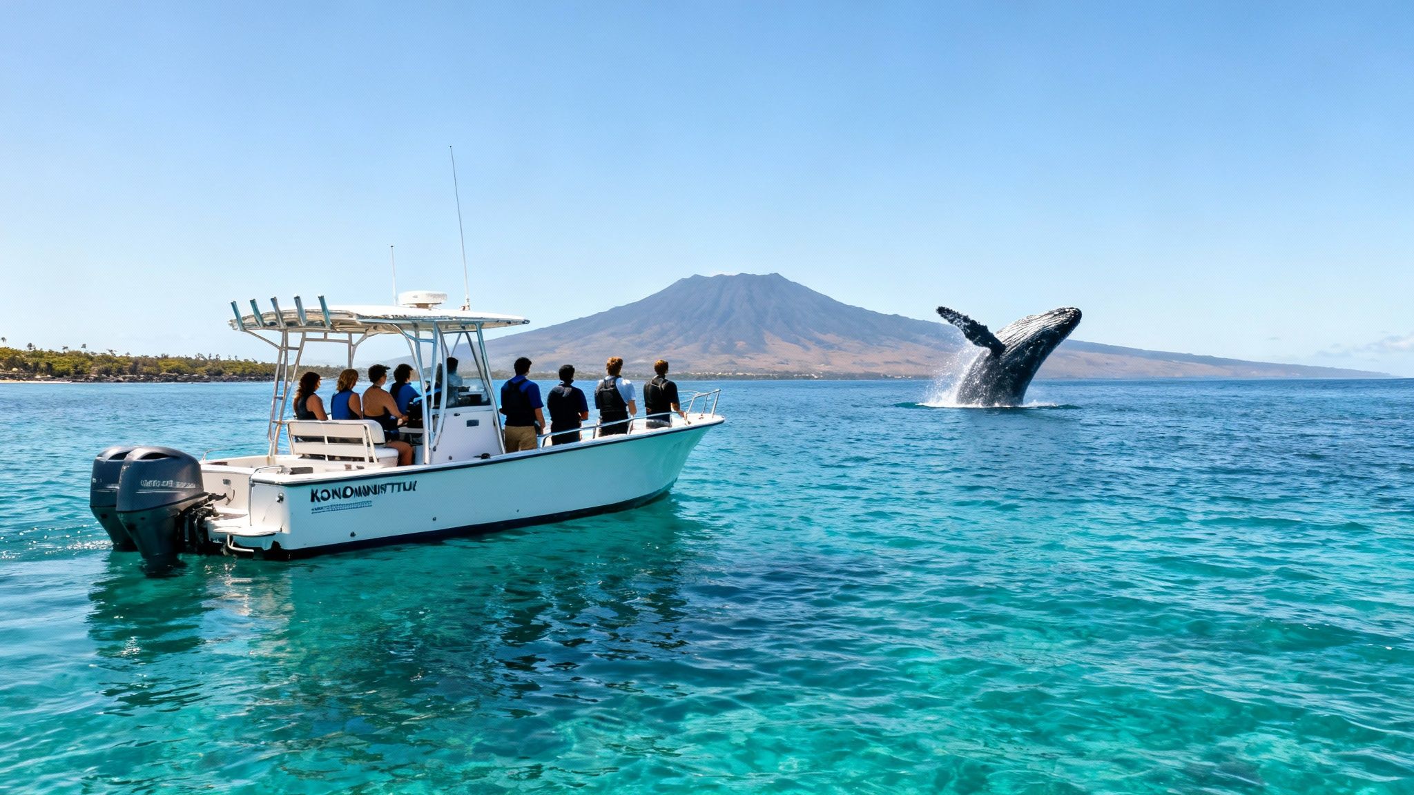 Tourists on a boat watch a humpback whale breaching in clear blue Hawaiian waters with a volcano.