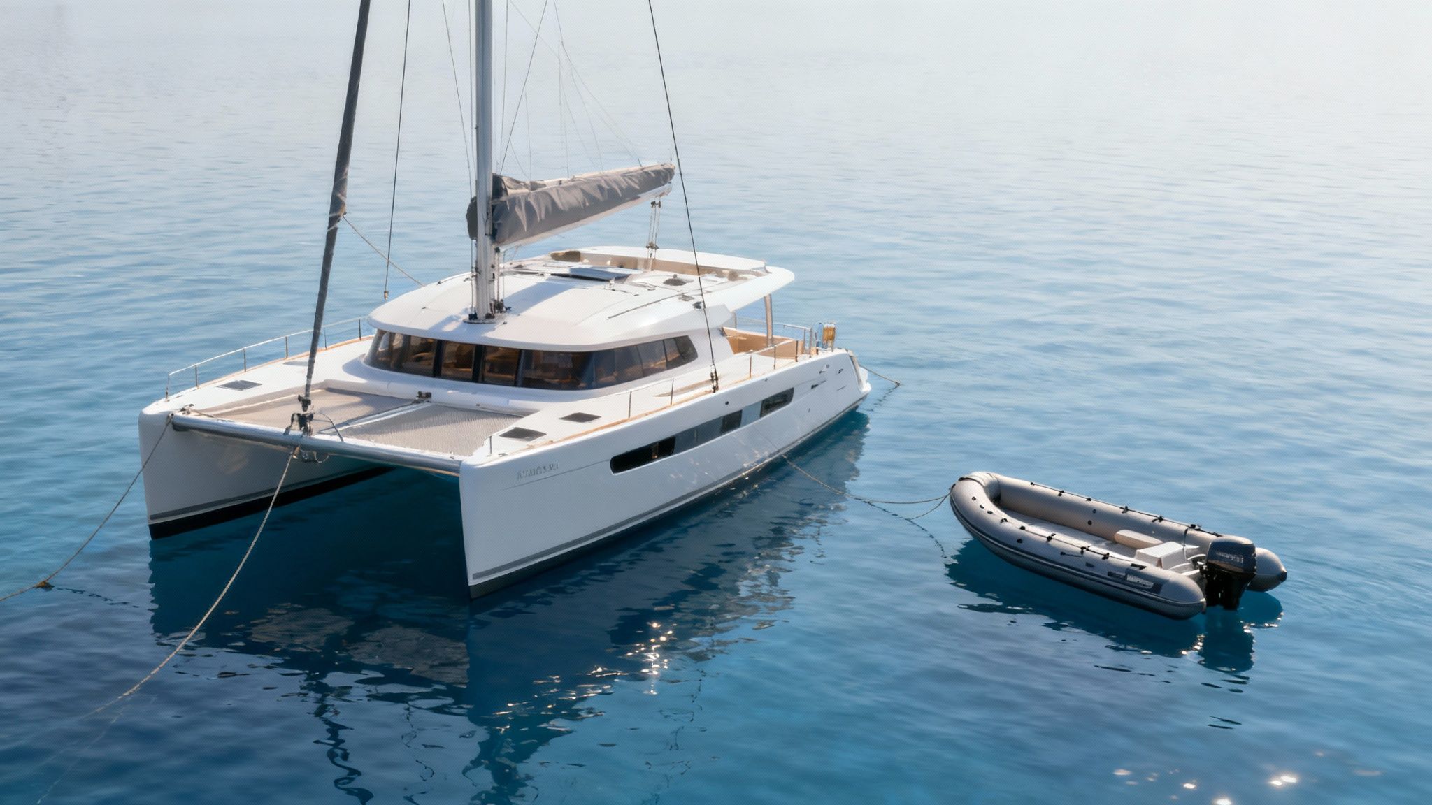 A large catamaran tour boat anchored in the vibrant blue waters of Kealakekua Bay