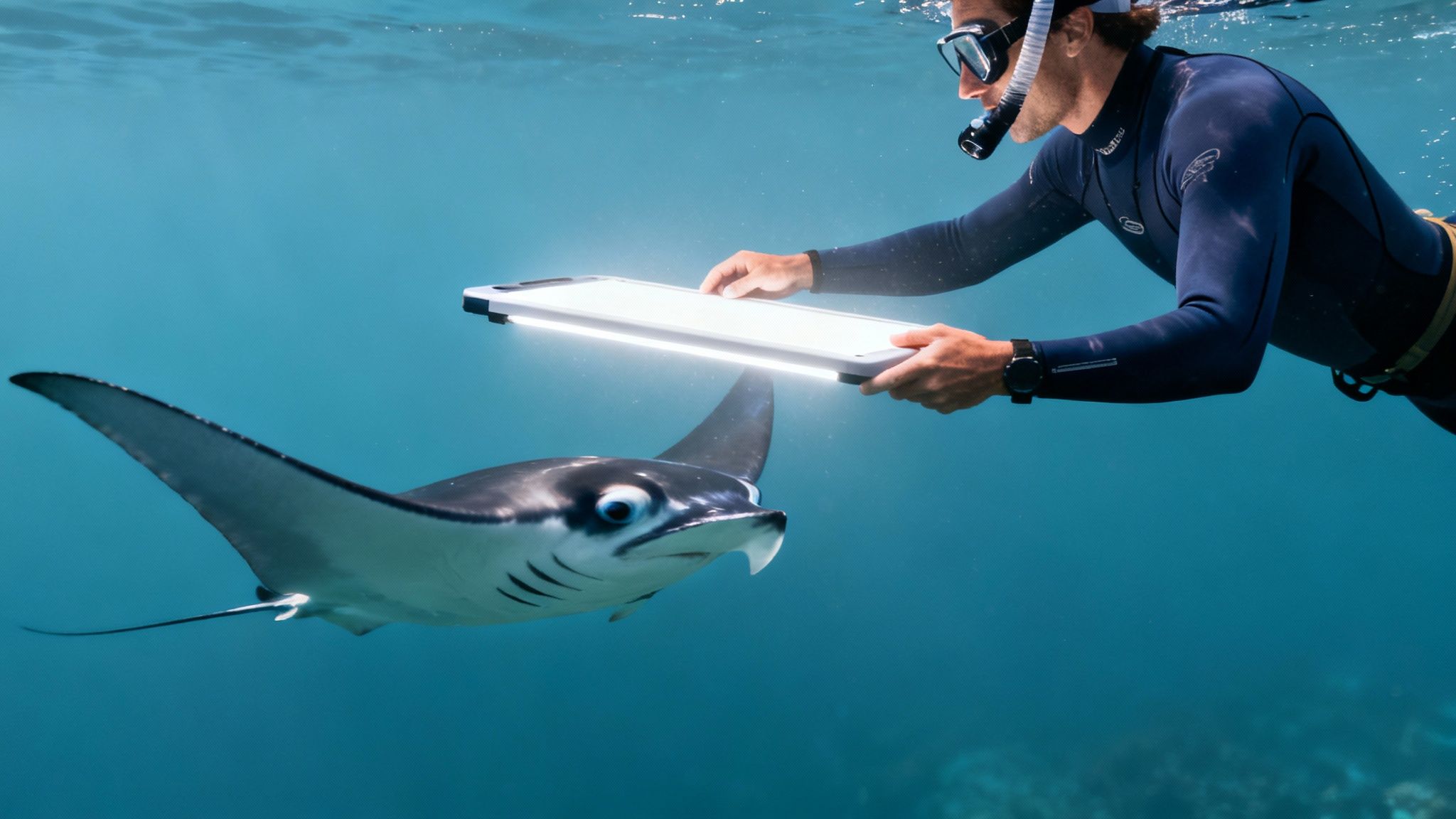 A snorkeler illuminates a majestic manta ray with an underwater light panel in clear blue ocean.
