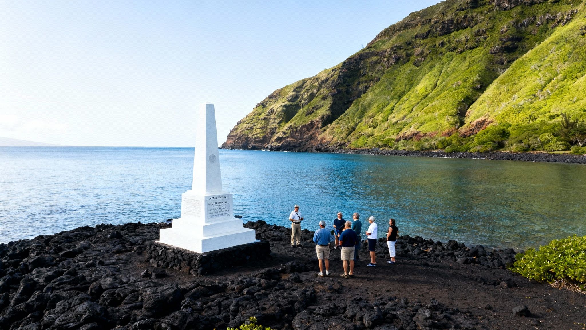 Visitors gather at the Captain Cook monument on lava rock, overlooking a tranquil bay with green hills.