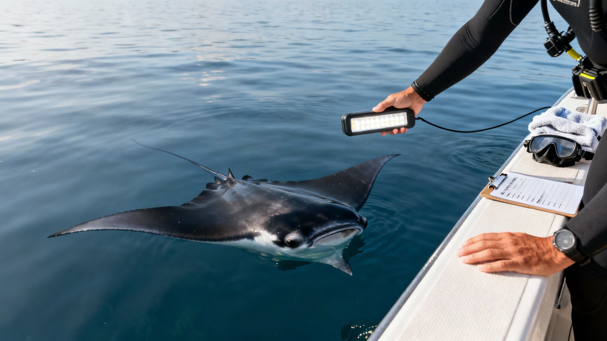 A person on a boat shines a light on a manta ray swimming in clear blue water.