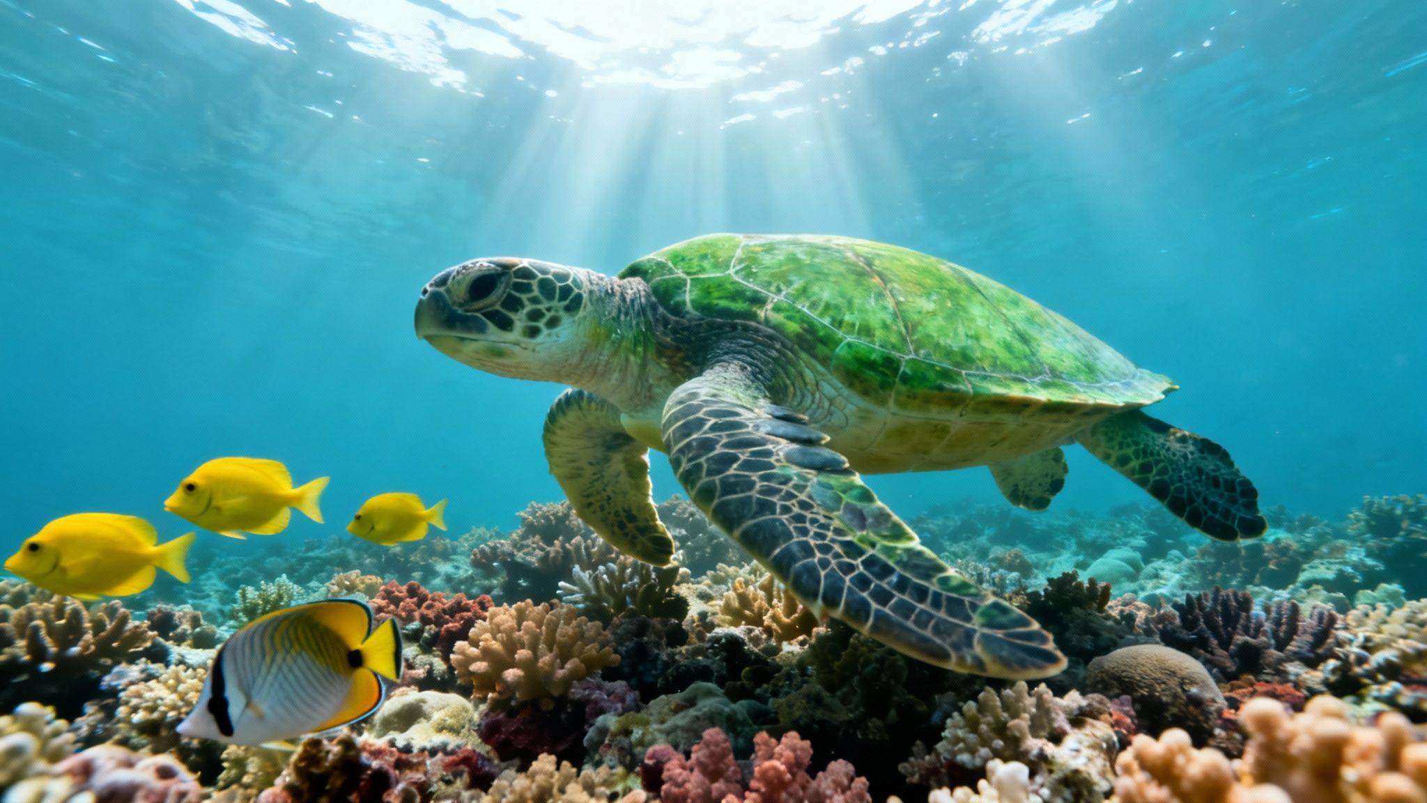 A majestic green sea turtle glides over a vibrant coral reef, with schools of colorful fish.