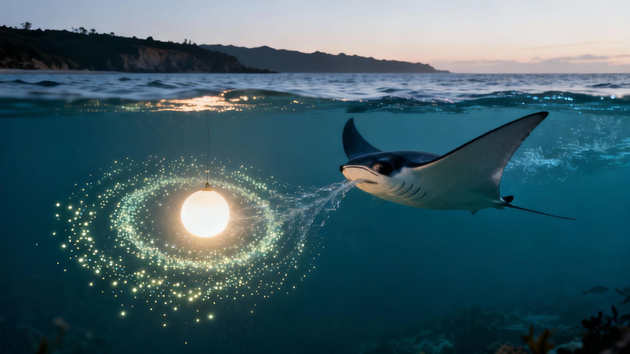 A manta ray blows sparkling water towards a glowing light bulb underwater at dusk.