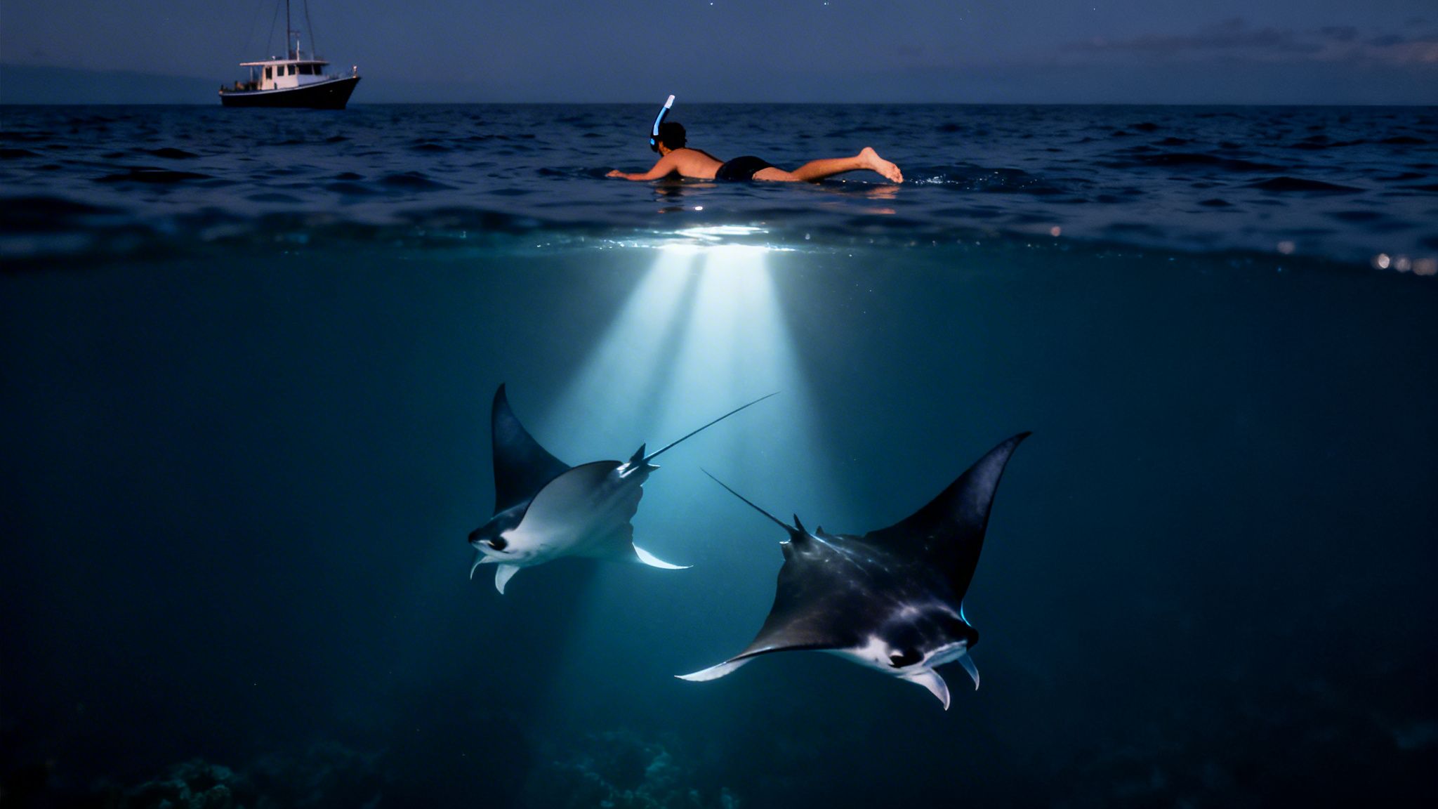 A snorkeler observes two manta rays at night, illuminated by a surface light beam, near a boat.