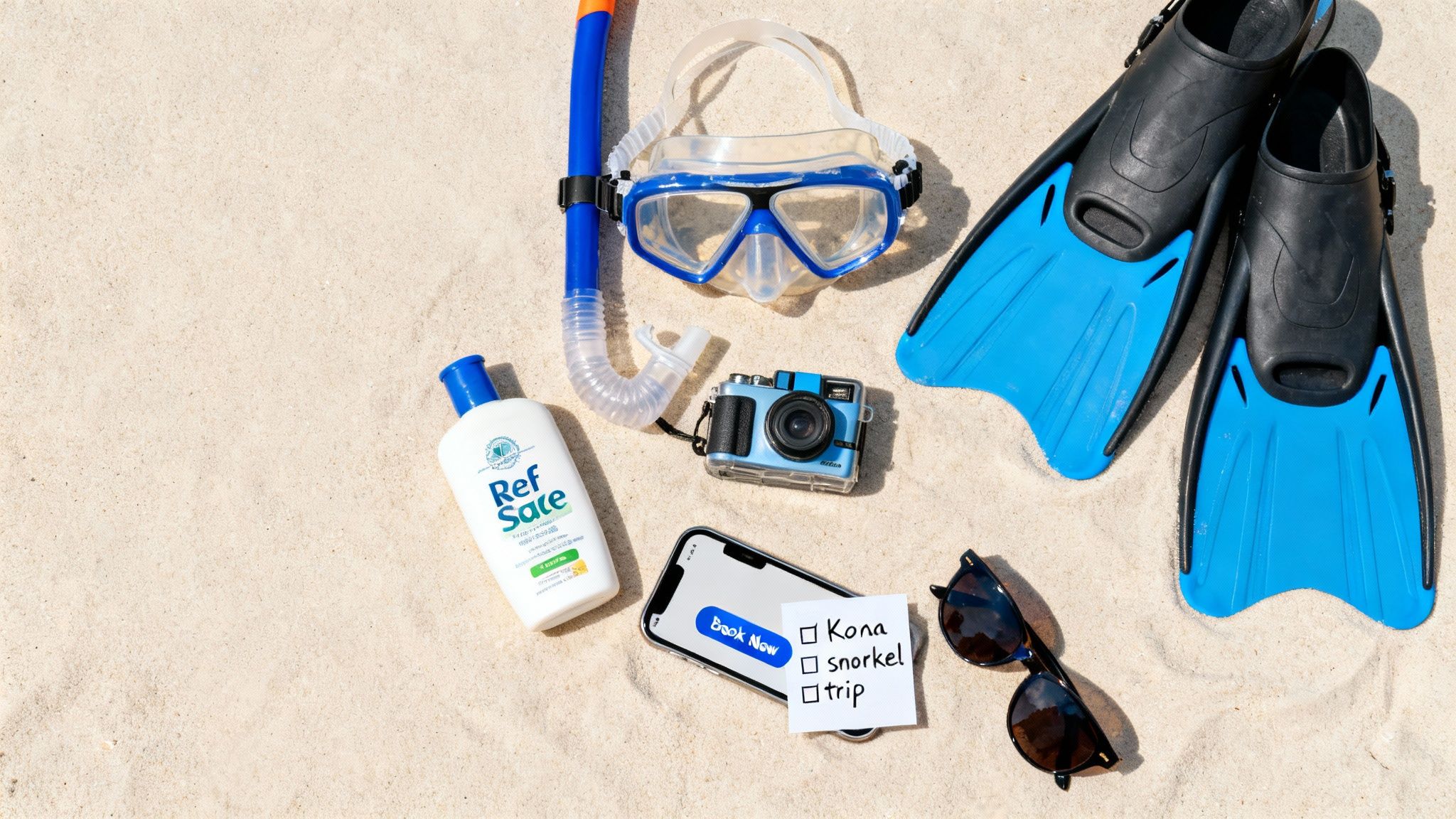 Beach essentials for a Kona snorkel trip, including fins, mask, snorkel, sunscreen, camera, phone, and sunglasses.