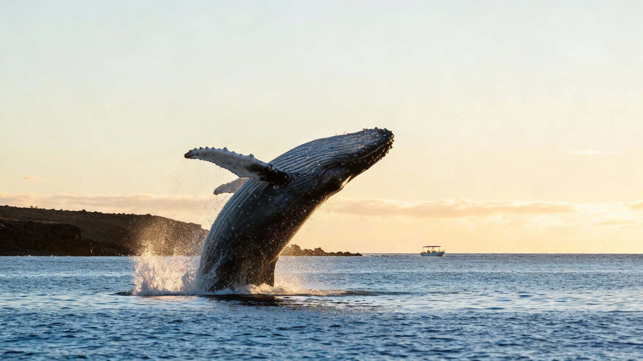 A humpback whale breaching dramatically out of the water during a Kona whale watching tour.