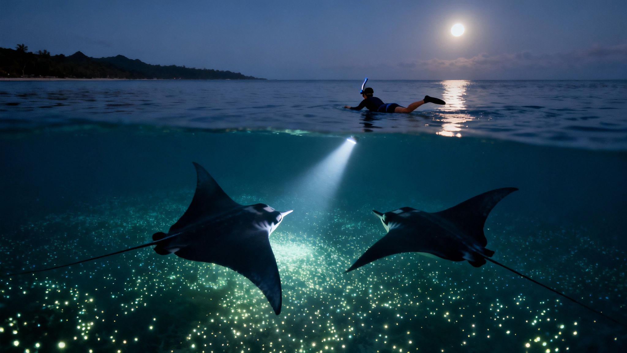 A split image showing a snorkeler under a full moon above and two manta rays below, swimming amidst glowing plankton.
