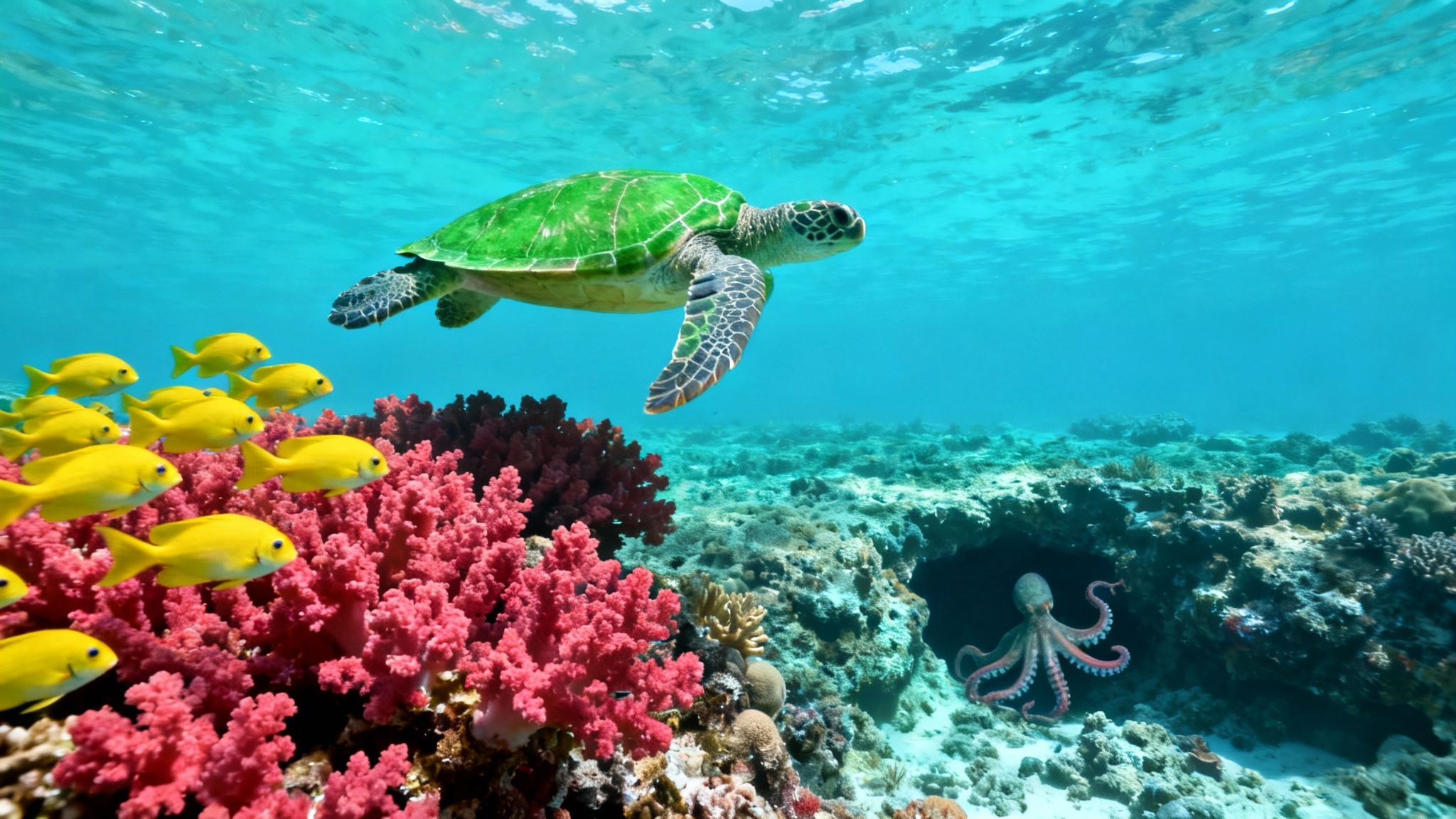 A green sea turtle swims above coral reef with yellow fish and an octopus in a vibrant blue ocean.